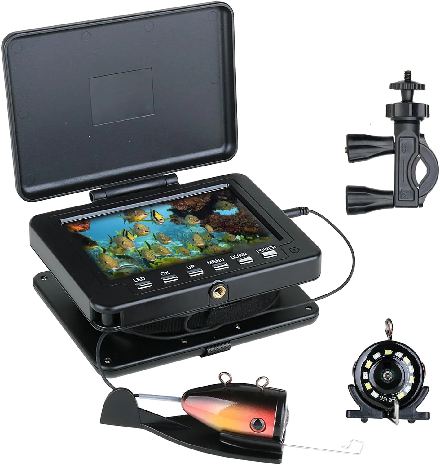 دوربین ماهیگیری زیر آب برای میله ماهیگیری، مانیتور ال سی دی 5 اینچی با کیفیت 1080P، ماهی یاب قابل حمل، نور سفید ال ای دی قابل تنظیم، کابل 15 متری دوربین آلومینیومی IP68 برای ماهیگیری در دریاچه یخ زده، قایق و کایاک