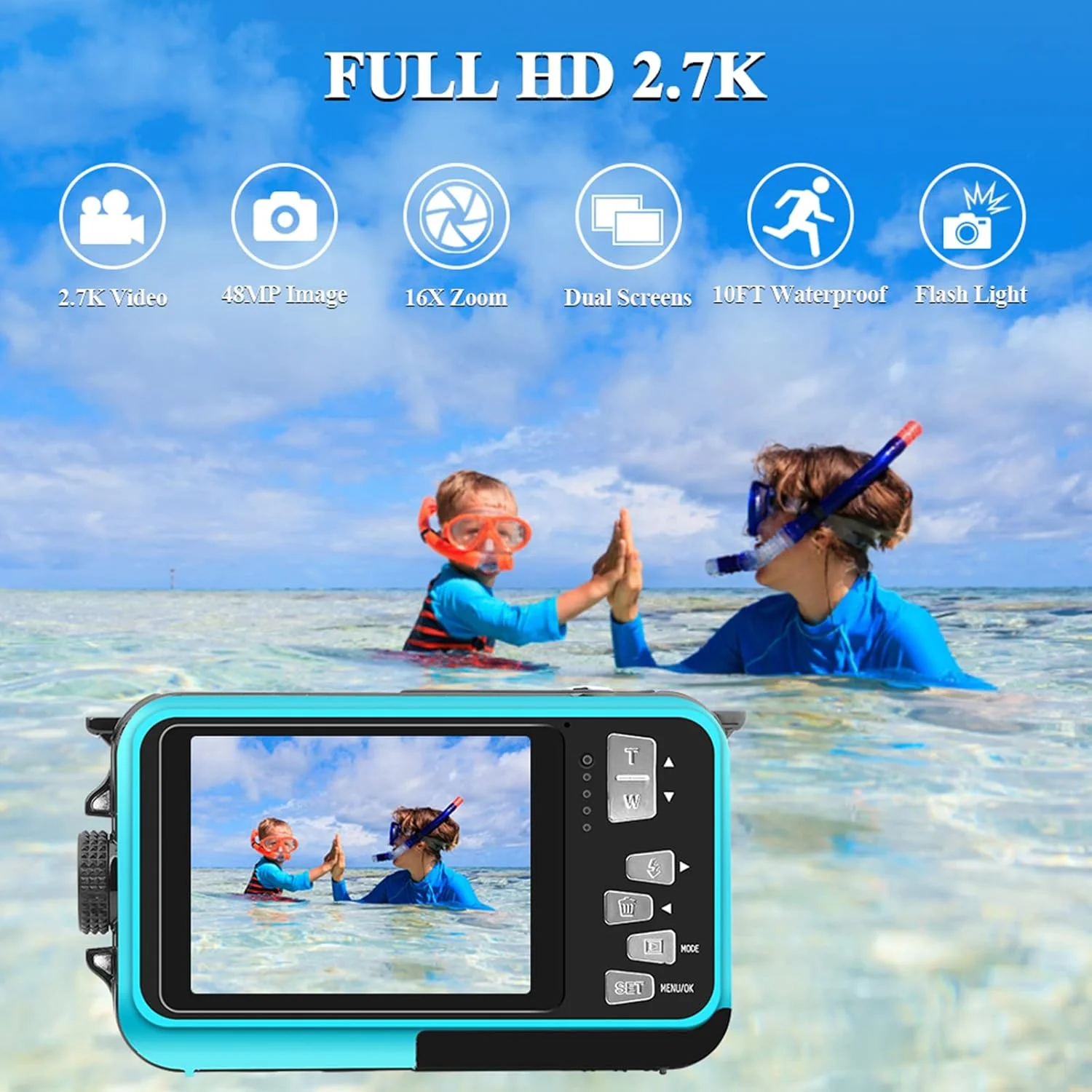 دوربین دیجیتال ضد آب دو صفحه نمایش 4K 48MP به همراه کارت 32 گیگابایتی مناسب غواصی (DV806)
