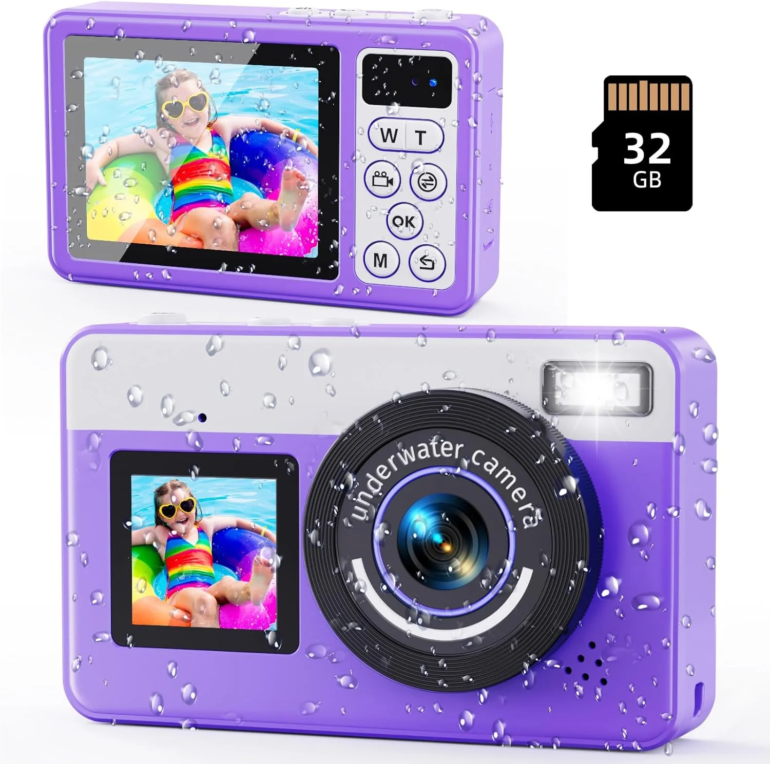 دوربین دیجیتال ضد آب - دوربین شناور ضد آب MaxMango تا عمق 3 متر با کارت 32 گیگابایتی، دوربین سلفی دو صفحه نمایش برای غواصی، شنا، اسکی، دوربین دیجیتال کامپکت 18X با فوکوس خودکار