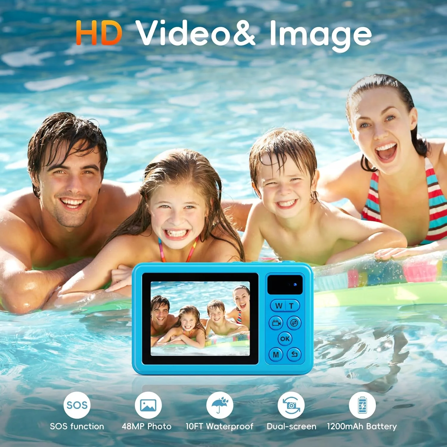 دوربین دیجیتال ضد آب - دوربین شناور ضد آب MaxMango تا عمق 3 متر با کارت 32 گیگابایتی، دوربین سلفی دو صفحه نمایش برای غواصی، شنا، اسکی، 48 مگاپیکسل 18X فوکوس خودکار کامپکت