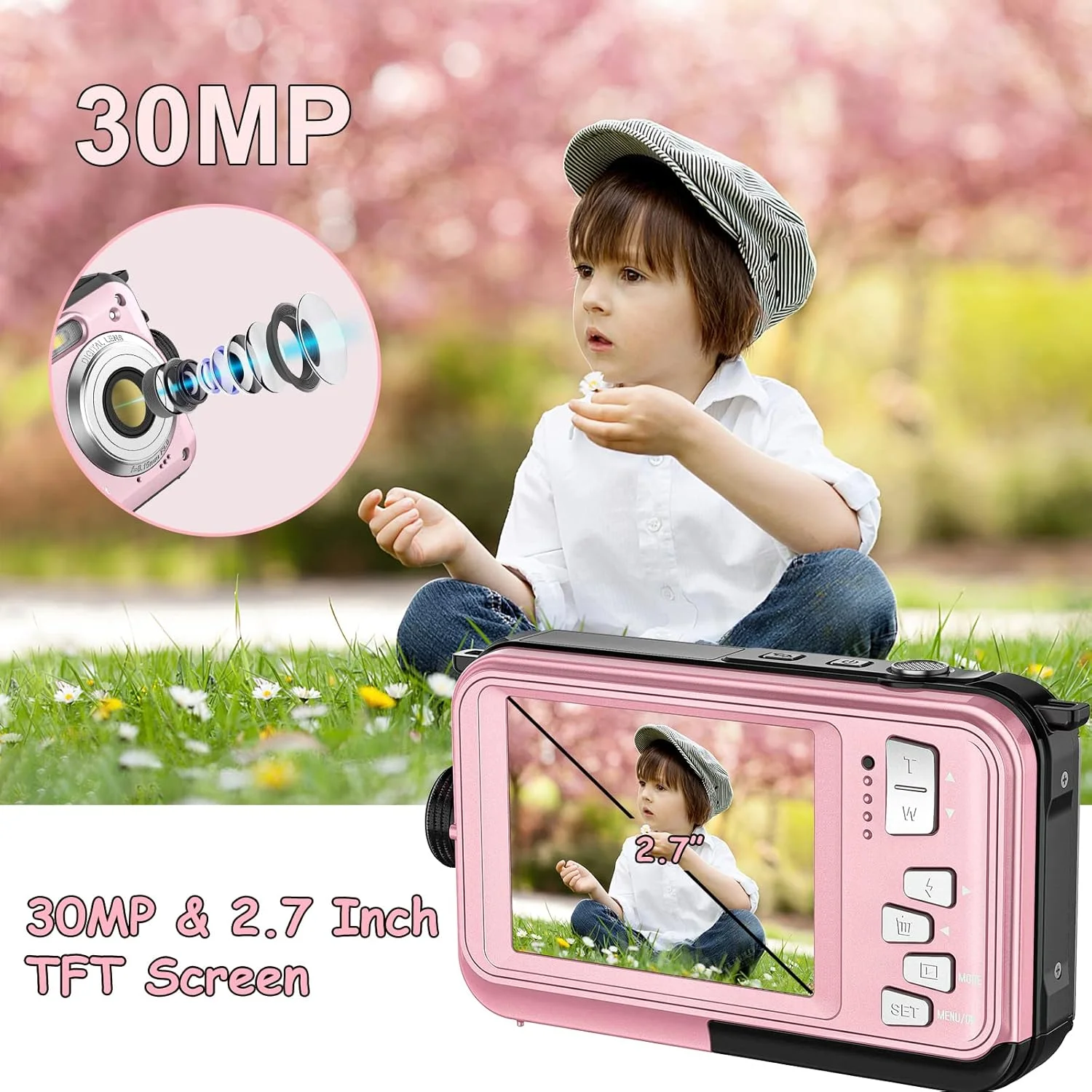 دوربین زیر آب، دوربین ضد آب با فوکوس خودکار و کارت 32 گیگابایتی، دوربین دیجیتال ضد آب 3 متری با صفحه نمایش 2.7 اینچی برای کودکان، دوربین دیجیتال قابل حمل و جمع و جور با نور پرکننده 16X برای غواصی، صورتی