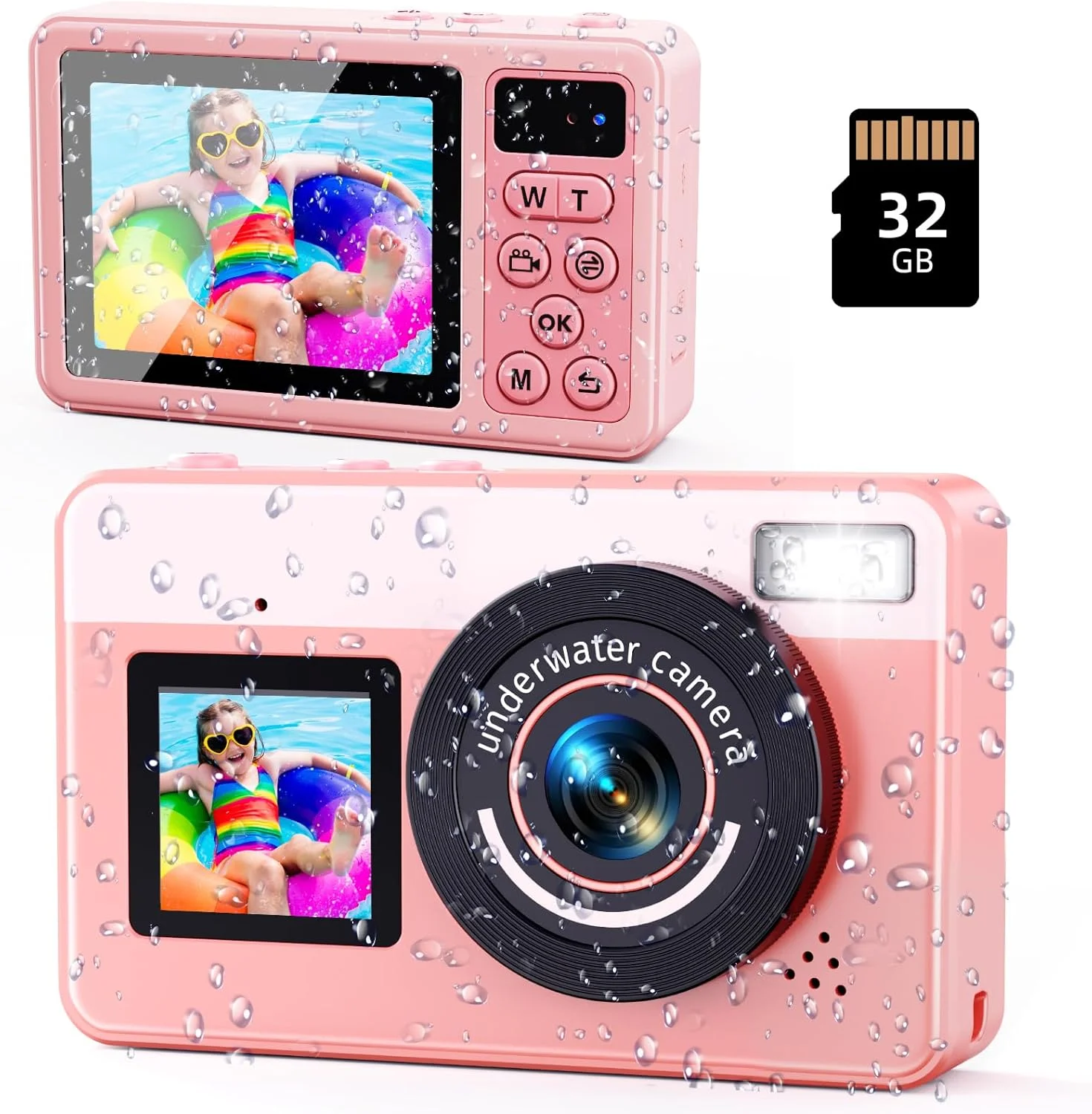 دوربین دیجیتال ضد آب - دوربین شناور ضد آب MaxMango تا عمق 3 متر با کارت 32 گیگابایتی، دوربین سلفی دو صفحه نمایش برای غواصی، شنا، اسکی، 48 مگاپیکسل 18X فوکوس خودکار کامپکت