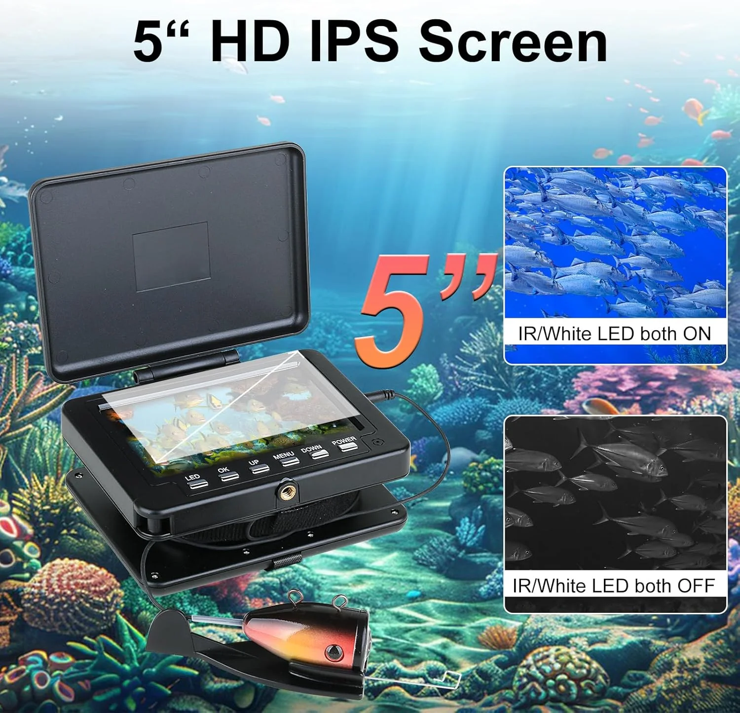 دوربین ماهیگیری زیر آب برای میله ماهیگیری، مانیتور ال سی دی 5 اینچی با کیفیت 1080P، ماهی یاب قابل حمل، نور سفید ال ای دی قابل تنظیم، کابل 15 متری دوربین آلومینیومی IP68 برای ماهیگیری در دریاچه یخ زده، قایق و کایاک