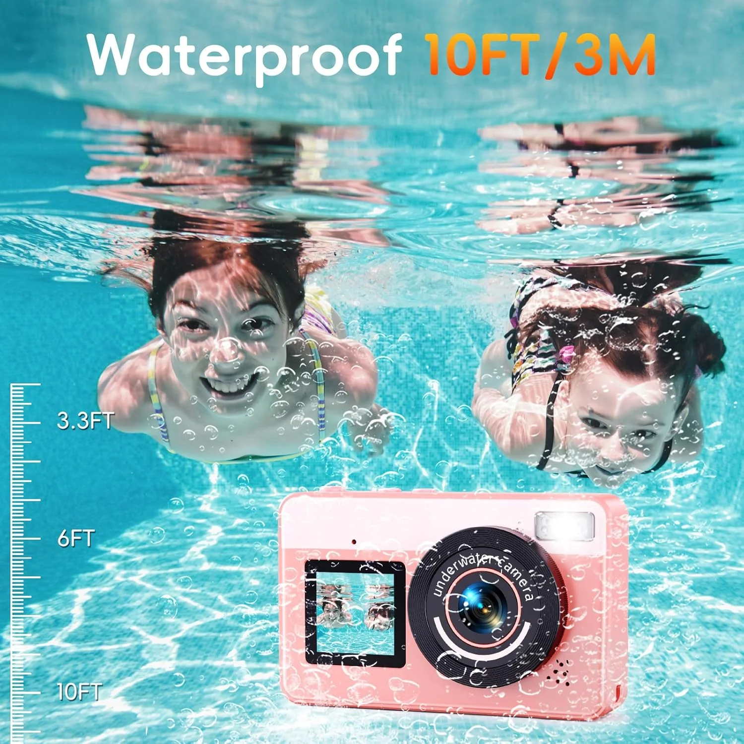 دوربین دیجیتال ضد آب - دوربین شناور ضد آب MaxMango تا عمق 3 متر با کارت 32 گیگابایتی، دوربین سلفی دو صفحه نمایش برای غواصی، شنا، اسکی، 48 مگاپیکسل 18X فوکوس خودکار کامپکت