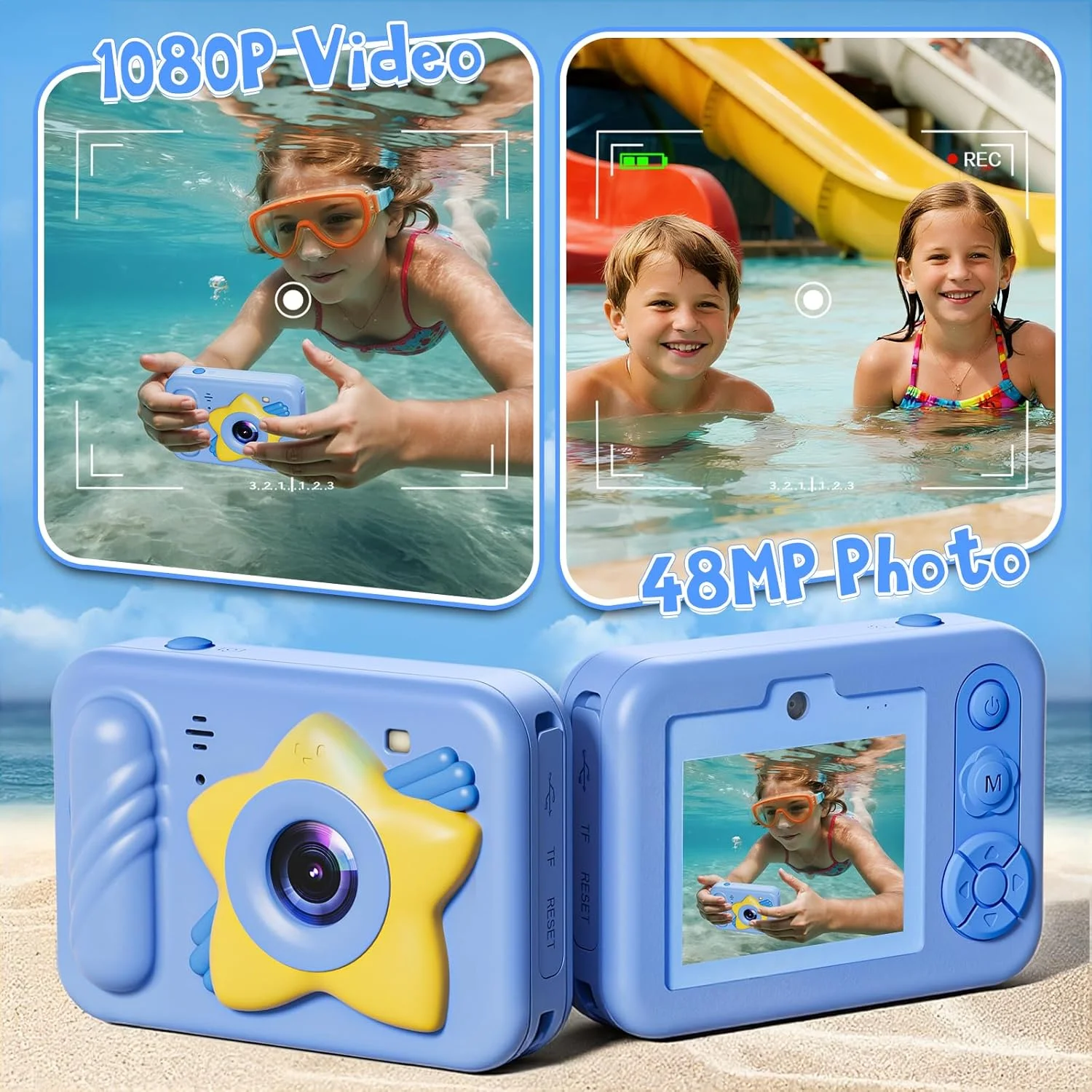 دوربین ضد آب، دوربین دیجیتال 48 مگاپیکسلی ضد آب تا عمق 1.5 متری با کارت 32 گیگابایتی، دوربین ضد آب شناور با فوکوس خودکار و صفحه نمایش HD، زوم دیجیتال 8 برابر، مناسب پارک آبی کودکان، شنا (طرح ستاره، آبی)