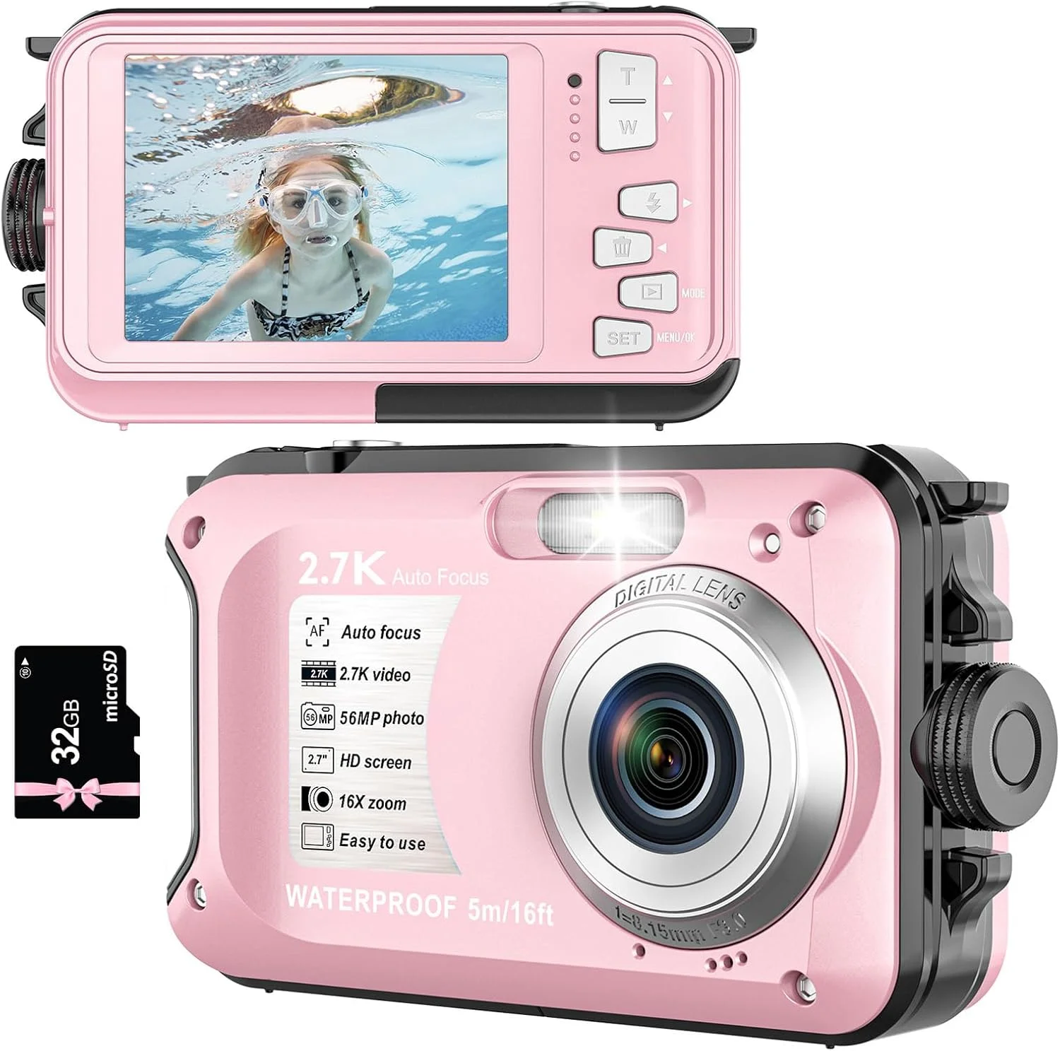 دوربین ضد آب با کارت حافظه 32 گیگابایتی، دوربین عکاسی و فیلمبرداری ضد آب تا عمق 3 متر، 30 مگاپیکسل، فیلمبرداری فول اچ دی 1080P، دوربین دیجیتال جمع و جور و قابل حمل با زوم 16 برابر برای کودکان و غواصی