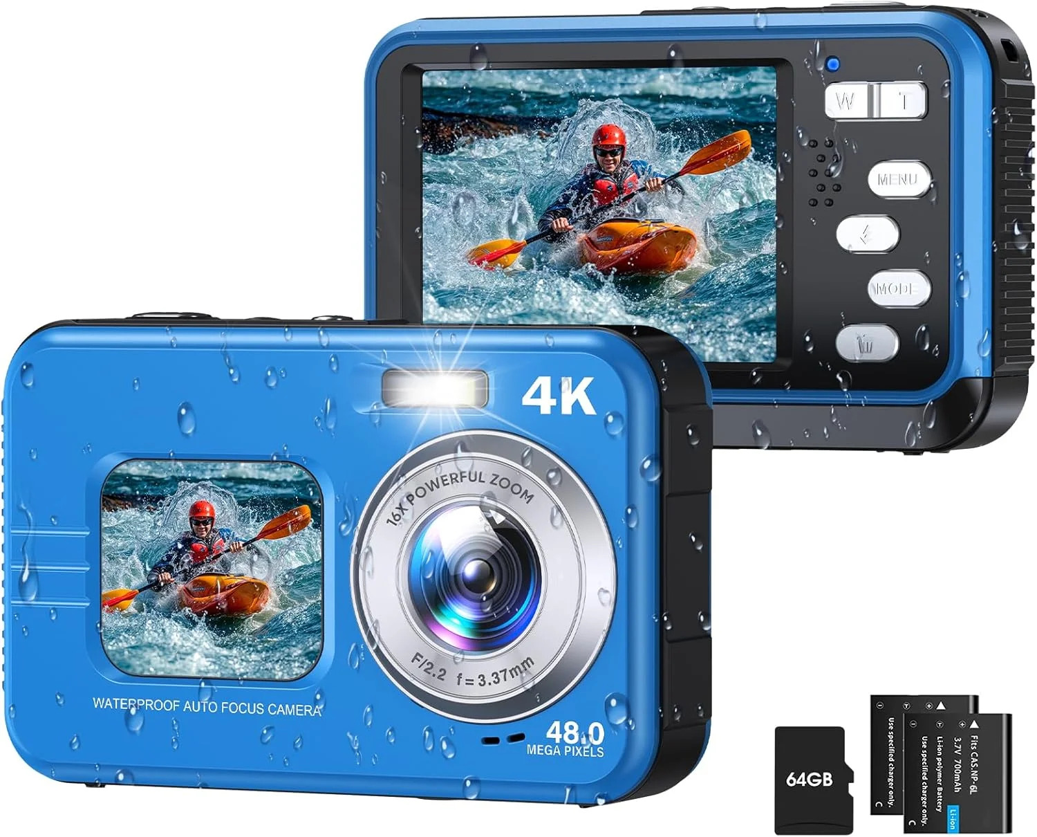 دوربین ضد آب، دوربین دیجیتال دو صفحه نمایش سلفی 4K 48MP تا عمق 3.3 متری با فوکوس خودکار برای غواصی، زوم 16 برابر، کارت 64 گیگابایتی، 2 باتری، نور پرکننده (آبی) دوربین ضد آب، دوربین دیجیتال دو صفحه نمایش سلفی 4K 48MP تا عمق 3.3 متری با فوکوس خودکار برای غواصی، زوم 16 برابر، کارت 64 گیگابایتی، 2 باتری، نور پرکننده (آبی)