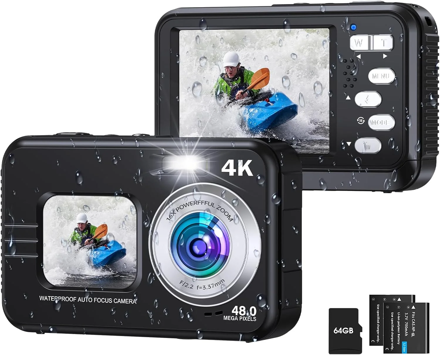 دوربین ضد آب، دوربین دیجیتال دوگانه سلفی با کیفیت 4K و 48 مگاپیکسل، فوکوس خودکار تا عمق 3.3 متری مناسب غواصی، زوم 16 برابر، کارت حافظه 64 گیگابایتی، 2 باتری، نور پرکننده (مشکی)