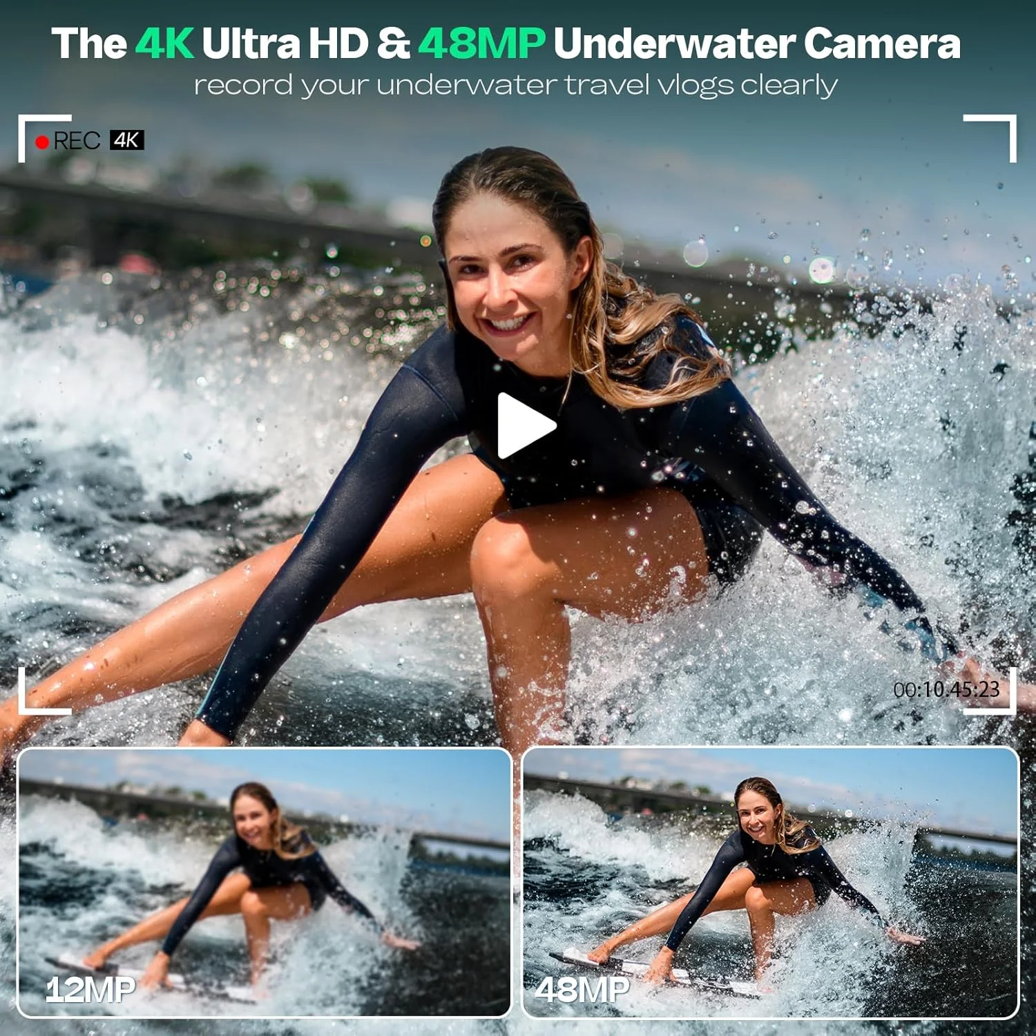 دوربین ضد آب، دوربین دیجیتال دوگانه سلفی با کیفیت 4K و 48 مگاپیکسل، فوکوس خودکار تا عمق 3.3 متری برای غواصی، زوم 16 برابر، کارت حافظه 64 گیگابایتی، 2 باتری، نور پرکننده (سبز)