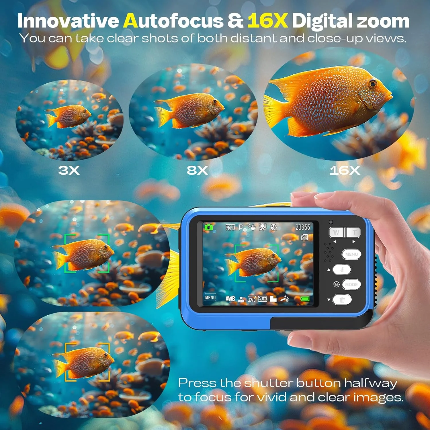 دوربین ضد آب، دوربین دیجیتال دو صفحه نمایش سلفی 4K 48MP تا عمق 3.3 متری با فوکوس خودکار برای غواصی، زوم 16 برابر، کارت 64 گیگابایتی، 2 باتری، نور پرکننده (آبی) دوربین ضد آب، دوربین دیجیتال دو صفحه نمایش سلفی 4K 48MP تا عمق 3.3 متری با فوکوس خودکار برای غواصی، زوم 16 برابر، کارت 64 گیگابایتی، 2 باتری، نور پرکننده (آبی)