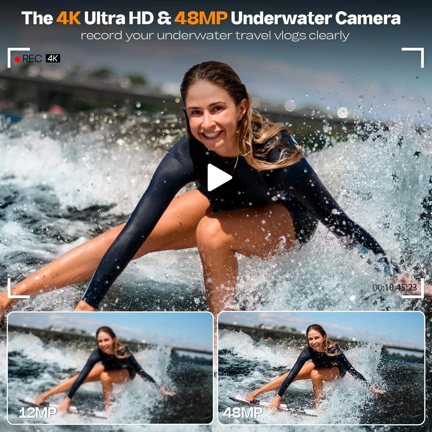 دوربین ضد آب، دوربین دیجیتال دوگانه سلفی با کیفیت 4K و 48 مگاپیکسل، فوکوس خودکار تا عمق 3.3 متری مناسب غواصی، زوم 16 برابر، کارت حافظه 64 گیگابایتی، 2 باتری، نور پرکننده (مشکی)