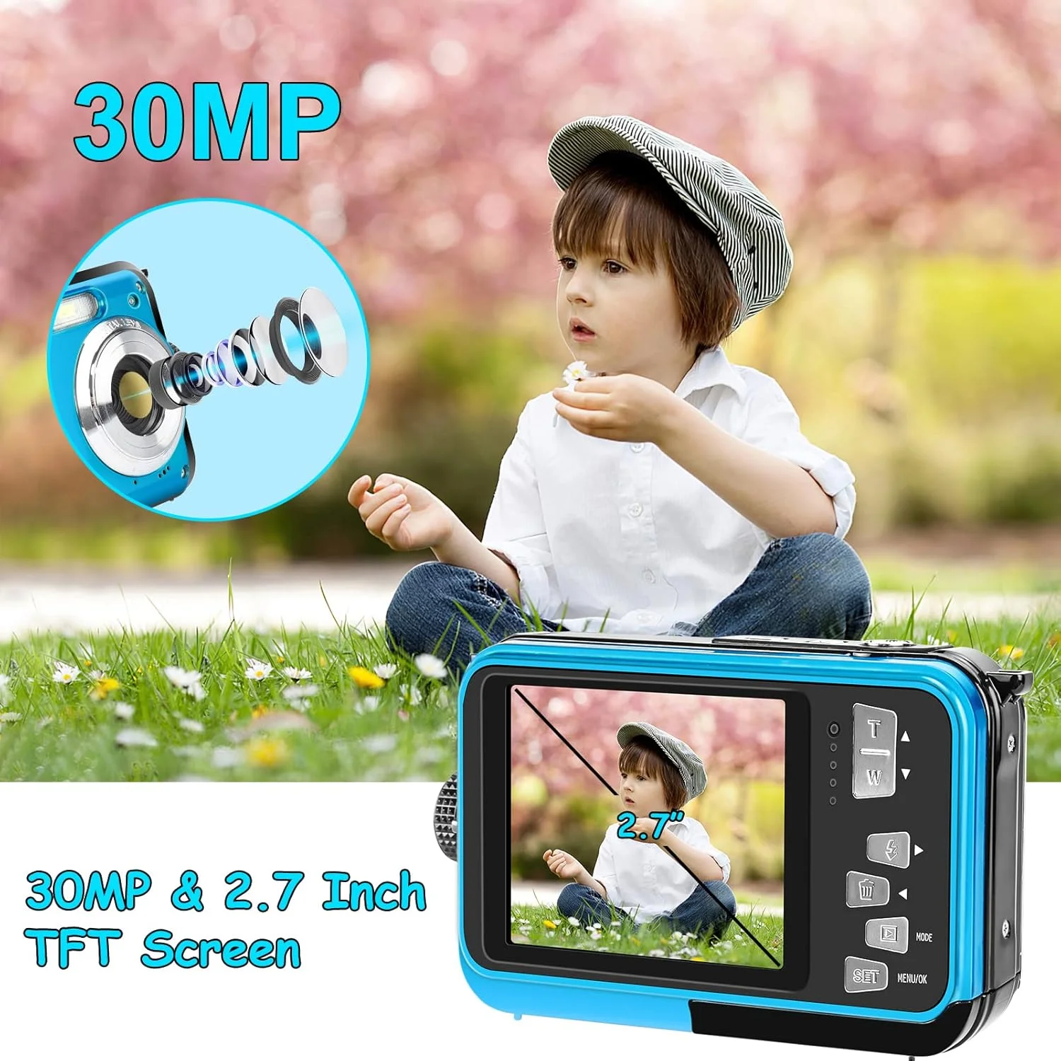 دوربین ضد آب با کارت حافظه 32 گیگابایتی، دوربین 30 مگاپیکسلی FHD 1080P، زوم دیجیتال 16X، مناسب غواصی سطحی، آبی