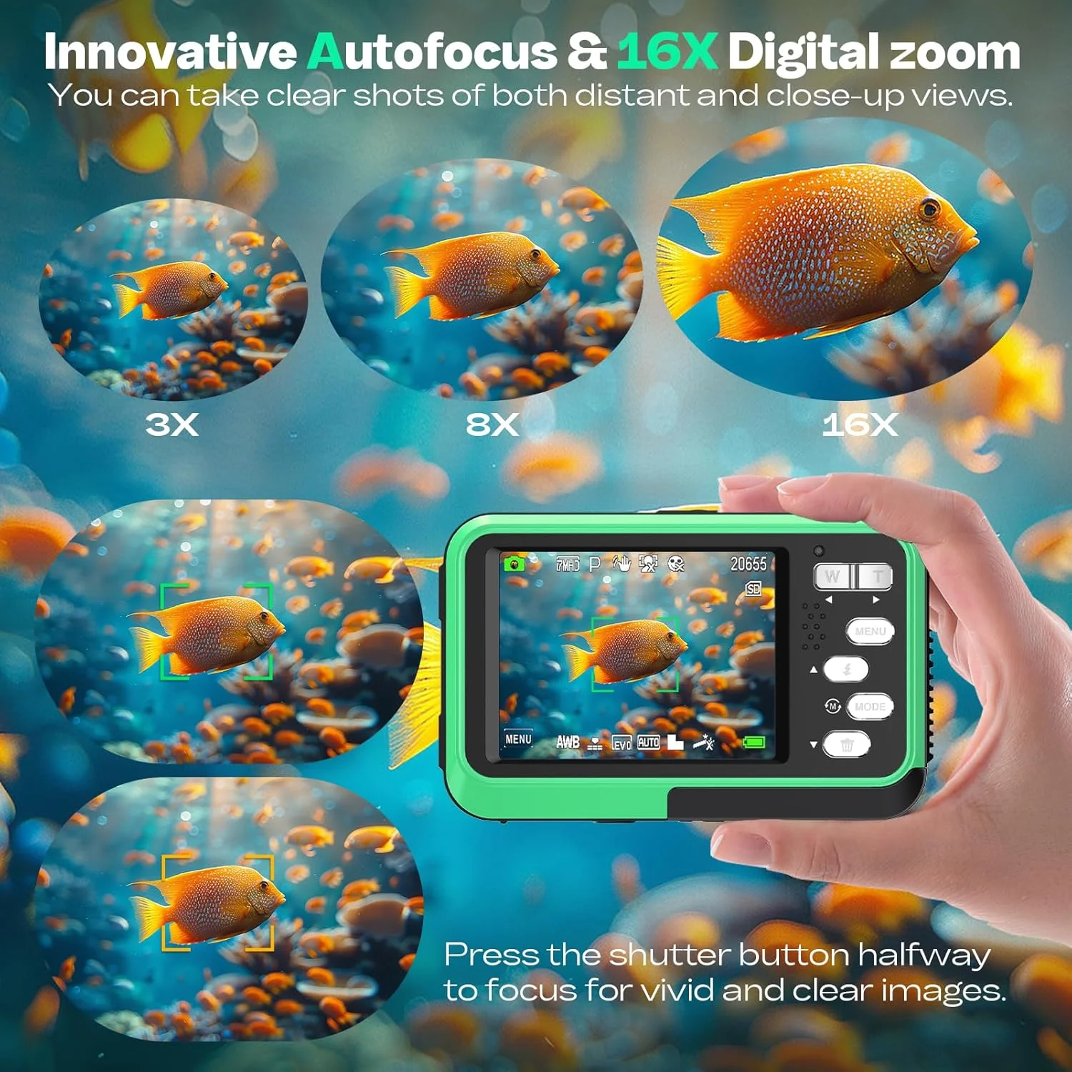 دوربین ضد آب، دوربین دیجیتال دوگانه سلفی با کیفیت 4K و 48 مگاپیکسل، فوکوس خودکار تا عمق 3.3 متری برای غواصی، زوم 16 برابر، کارت حافظه 64 گیگابایتی، 2 باتری، نور پرکننده (سبز)