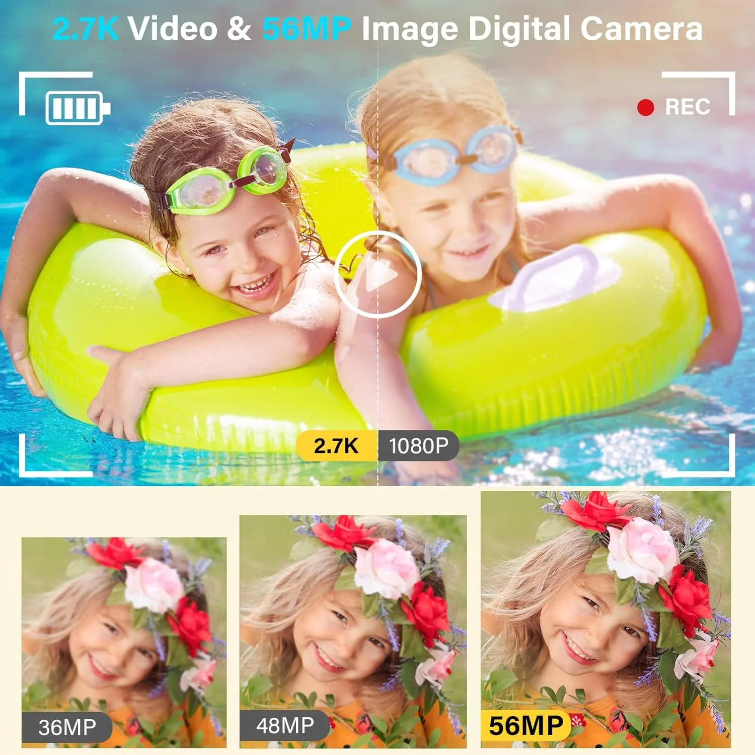 دوربین ضد آب 2.7K 56MP با فوکوس خودکار و کارت 32 گیگابایتی، دوربین دیجیتال ضد آب 16 فوت با صفحه نمایش 2.7 اینچی برای کودکان، دوربین دیجیتال فشرده قابل حمل با نور پرکننده 16X برای غواصی، آبی