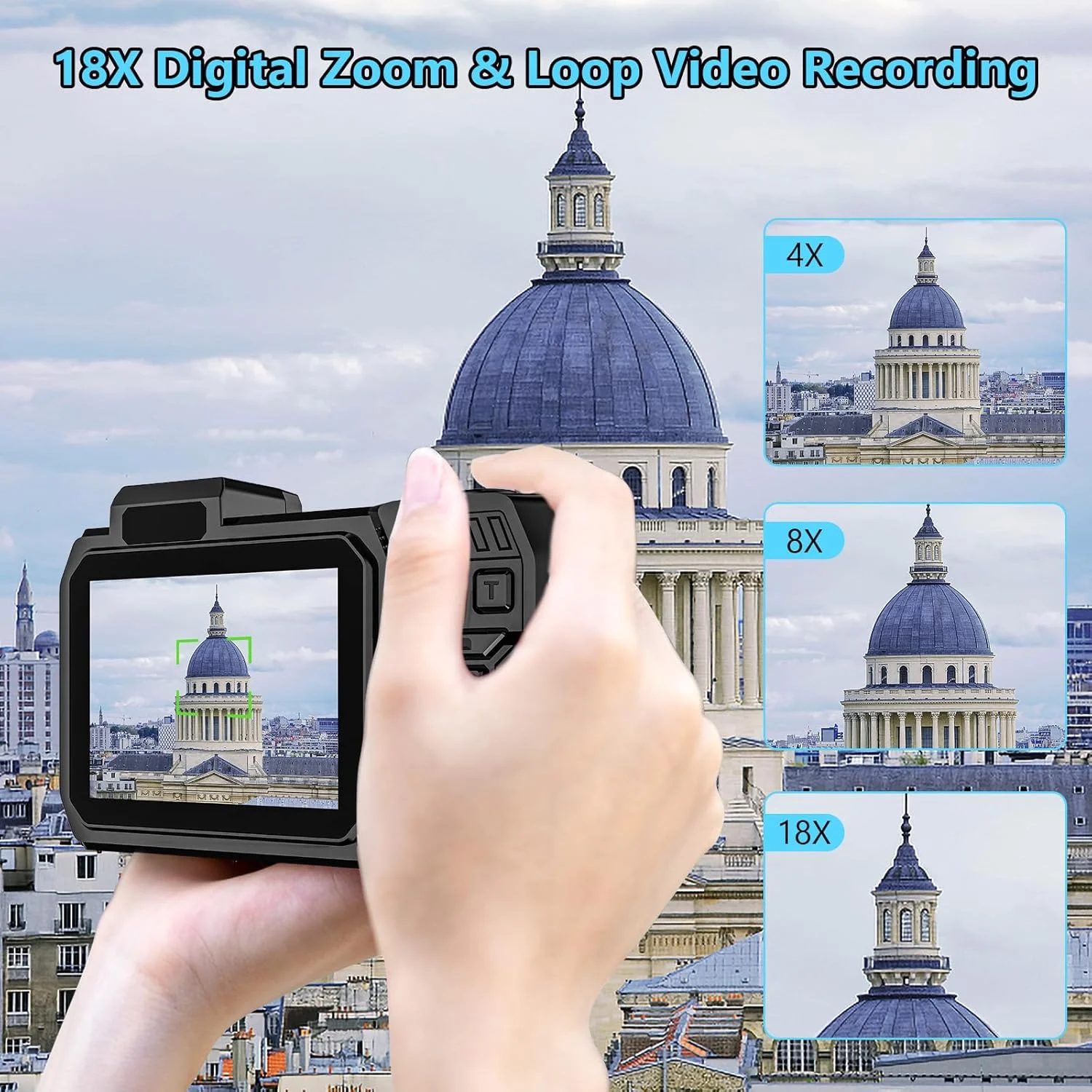 دوربین دیجیتال ضد آب UHD 8K 70MP با زوم دیجیتال 18X، صفحه نمایش دوگانه سلفی 33FT، باتری 2500mAh و کارت 64GB، شناور برای غواصی، آبی