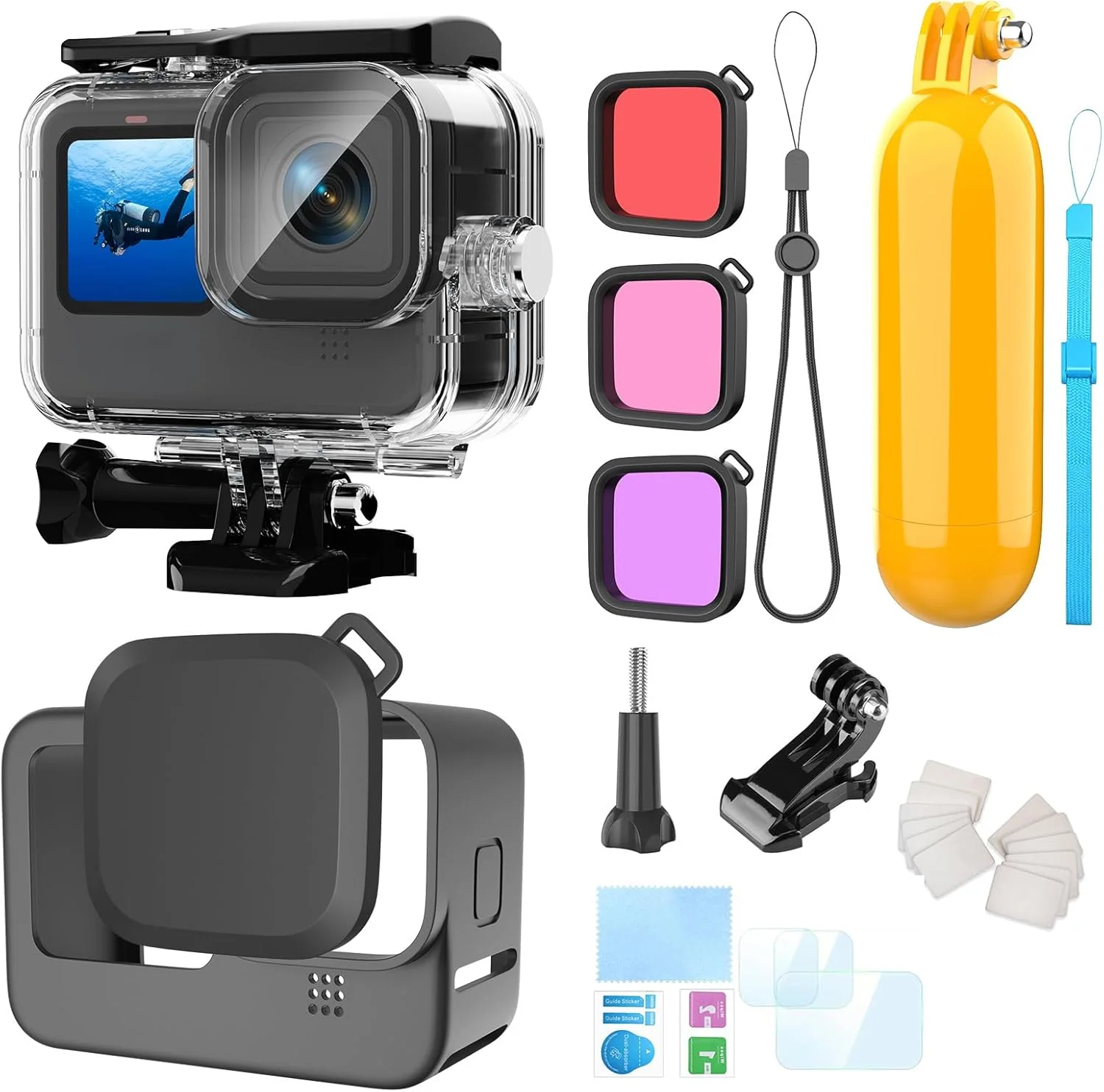 کیت لوازم جانبی محفظه ضد آب HONGDAK 16 در 1 برای Gopro Hero 12 11 10 9 Black، کیت غواصی محفظه محافظ زیر آب 60 متری با دسته شناور، روکش لنز، فیلترها، درج های ضد مه