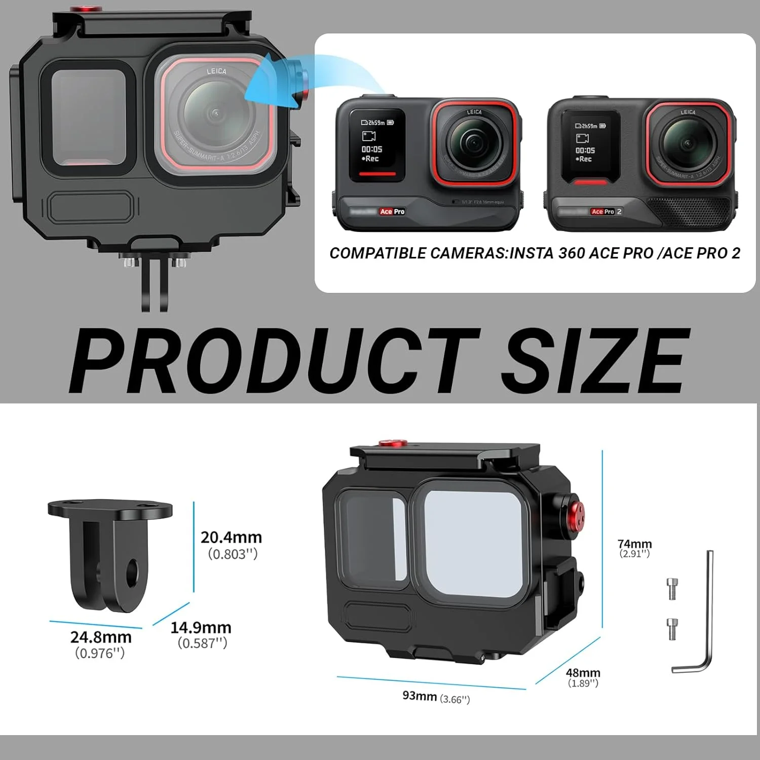 محفظه غواصی آلیاژ آلومینیوم Insta 360 Ace Pro/Ace Pro 2، محافظ ضد آب 80 متری با لوازم جانبی براکت