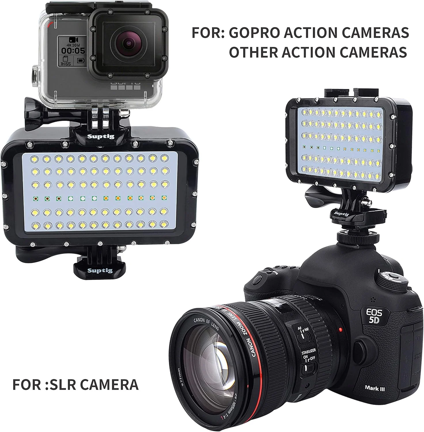 چراغ غواصی نورپردازی ویدئویی Suptig، چراغ های ال ای دی 72 تایی سازگار با دوربین های اس ال آر کانن، نیکون، پنتاکس، پاناسونیک، سونی، سامسونگ، 5 نوع رنگ نورپردازی، ضد آب تا عمق 45 متری، مشکی