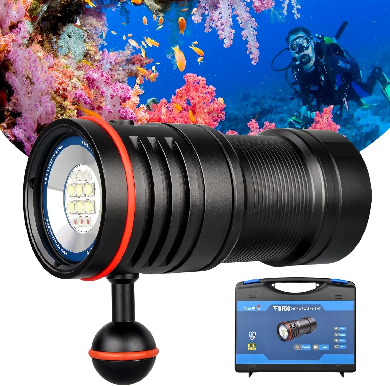 چراغ غواصی تراست‌فایر DF50، چراغ قوه LED غواصی عکاسی دوربین فیلمبرداری 6500 لومن، مشعل قابل شارژ USB، 70 متر زیر آب، فوق العاده روشن، با نورهای سفید قرمز بنفش