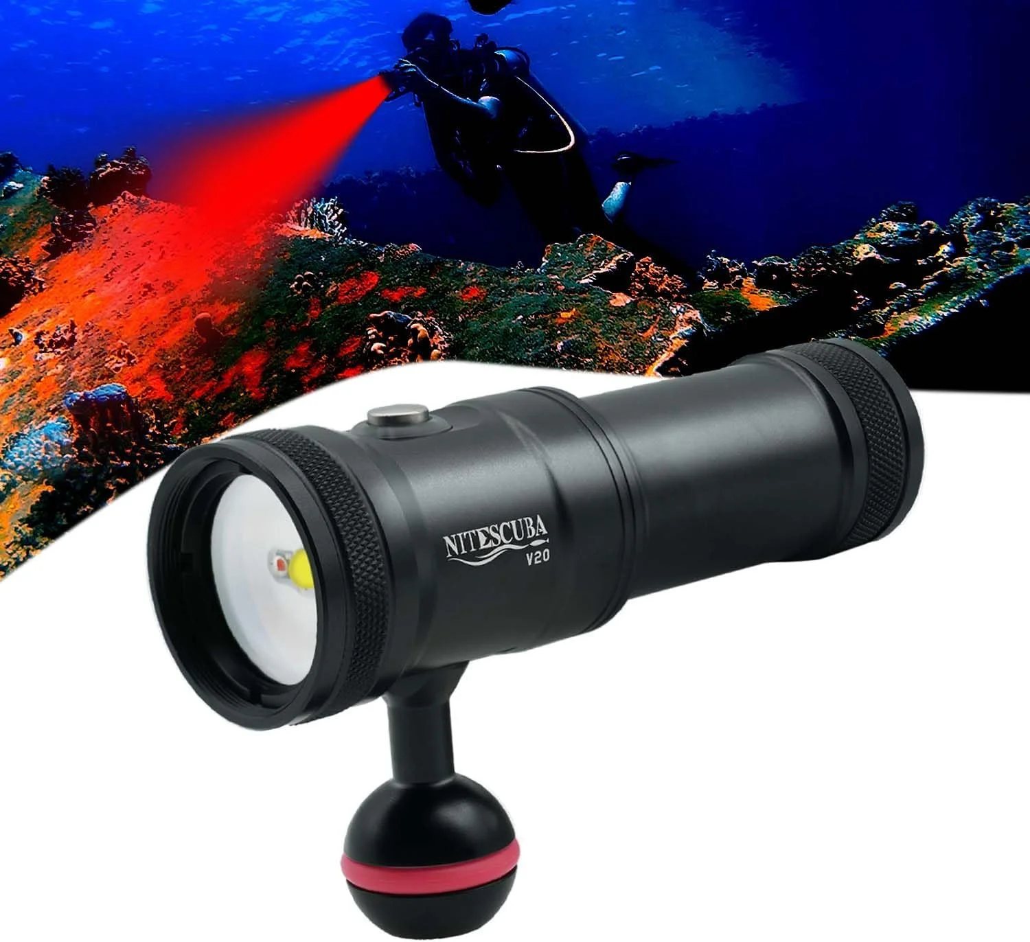 چراغ غواصی فیلمبرداری 2000 لومن برای دوربین عکاسی غواصی gopro، چراغ قوه LED غواصی، نورافکن زیر آب 100 متری/330 فوتی با پرتو سفید و پرتو قرمز، باتری قابل شارژ NiteScuba V20
