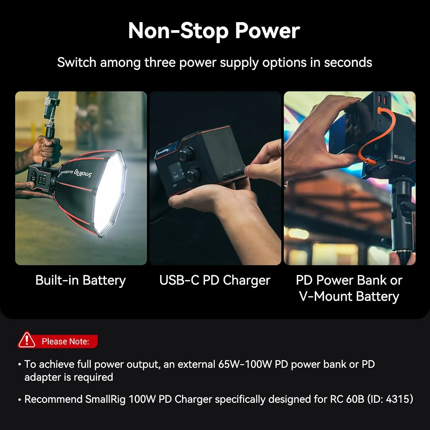 مجموعه نور ویدئویی COB مدل SmallRig RC 60B با باتری داخلی 3400mAh و شارژ سریع Type-C PD و پایه نور آلومینیومی 110 اینچی/9.2 فوت/280 سانتی‌متری