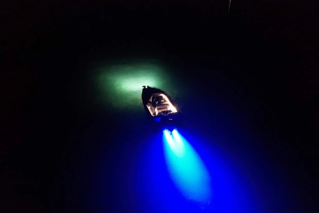 چراغ زیرآبی ترانسوم مدل JB40 ساخت ژاپن، با فناوری COB LED، ولتاژ 9-32 ولت، استاندارد IP68، نصب آسان، +4500 لومن (بدنه مشکی، رنگ LED سفید سرد)