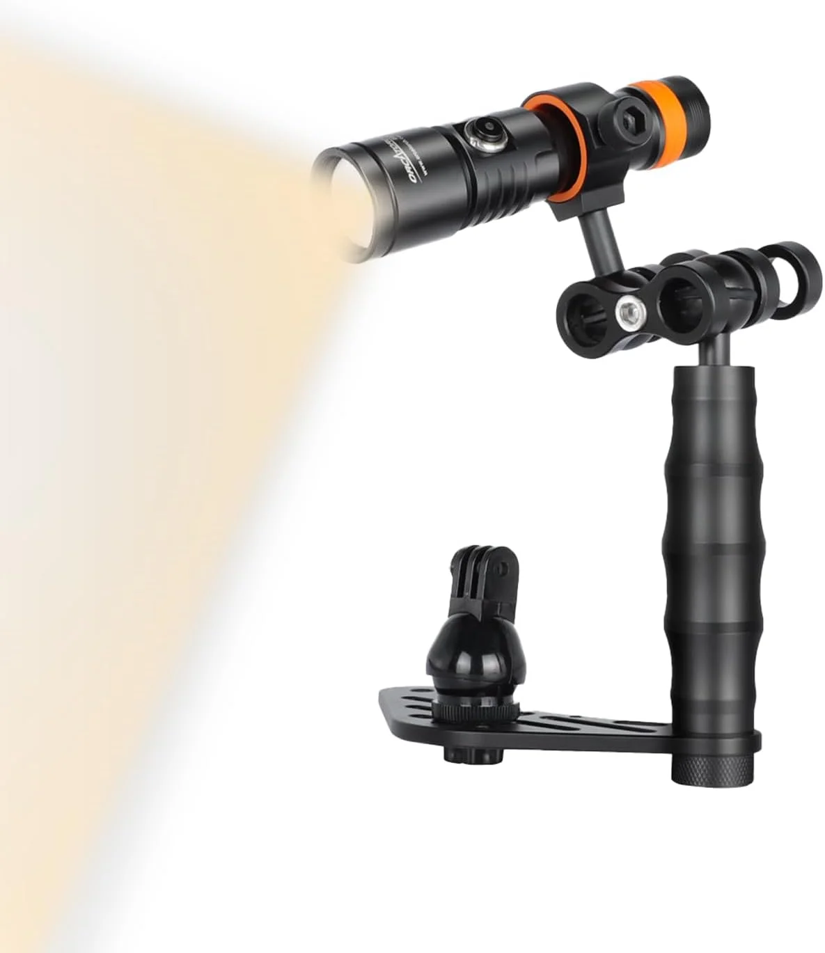 چراغ فیلمبرداری زیرآب ORCATORCH D530V با نور سفید گرم 5500K، روشنایی 1000 لومن و زاویه 120 درجه به همراه بازوی توپی و کیت سینی دوربین زیرآب ORCATORCH H02