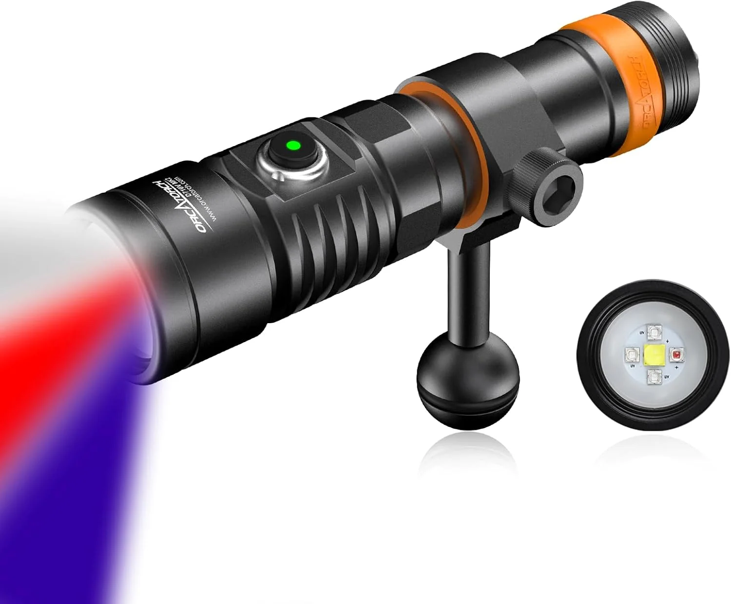چراغ غواصی ارکوتورچ D710V MK2 با نور سفید، قرمز و بنفش سه رنگ، 2300 لومن، زاویه باز 120 درجه، مناسب برای نورپردازی عکاسی و غواصی شبانه فلورسنت