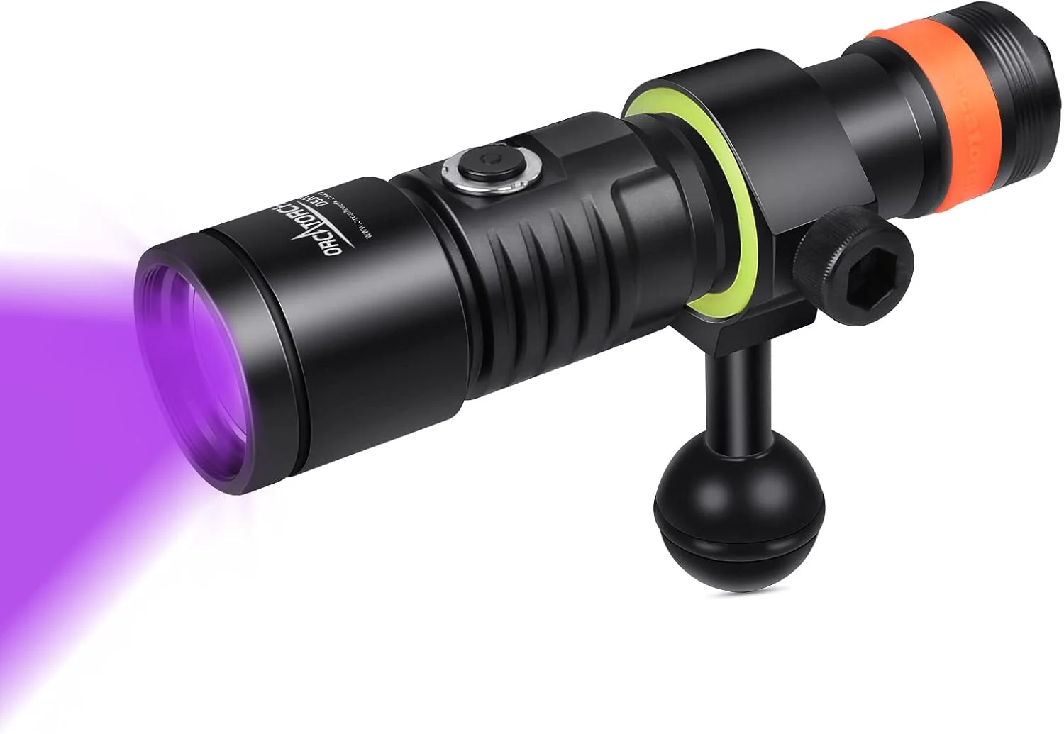 چراغ فیلمبرداری ORCATORCH D530V با نور فرابنفش LED 395NM، نورپردازی 120 درجه با مفصل توپی و کیت سینی دوربین زیر آب ORCATORCH H02