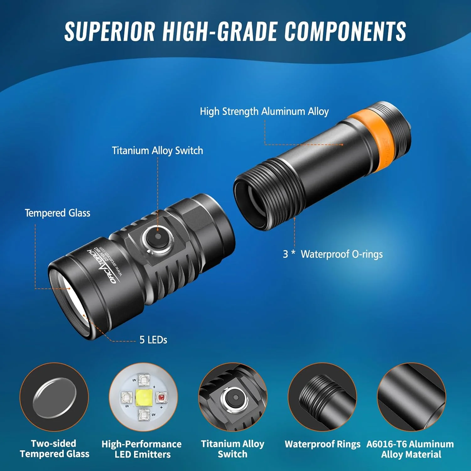 چراغ غواصی ارکوتورچ D710V MK2 با نور سفید، قرمز و بنفش سه رنگ، 2300 لومن، زاویه باز 120 درجه، مناسب برای نورپردازی عکاسی و غواصی شبانه فلورسنت