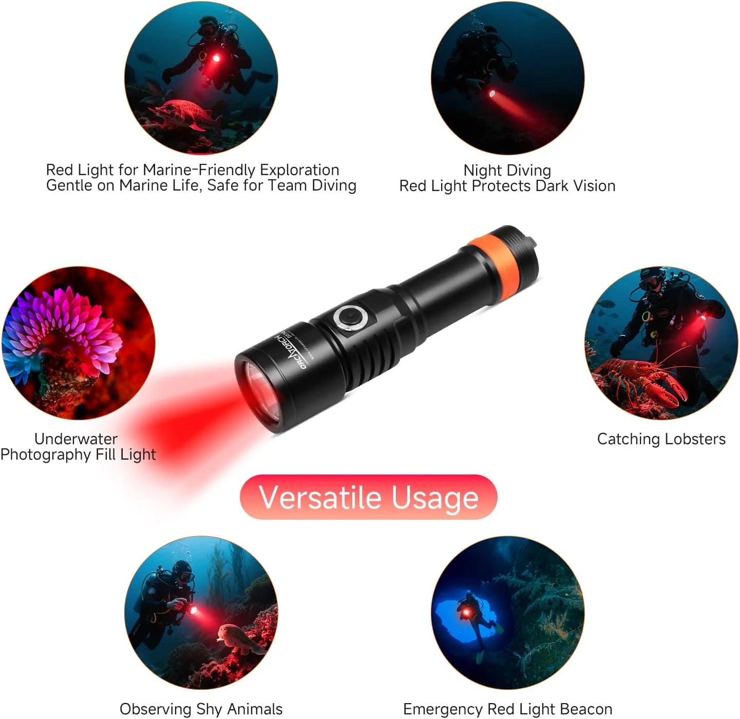 چراغ غواصی ال ای دی قرمز ORCATORCH D530V با نور 160 لومن، زاویه پرتو گسترده 120 درجه، مناسب برای عکاسی زیر آب تا عمق 150 متر، دارای عملکرد قفل ایمنی و نشانگر میزان باتری