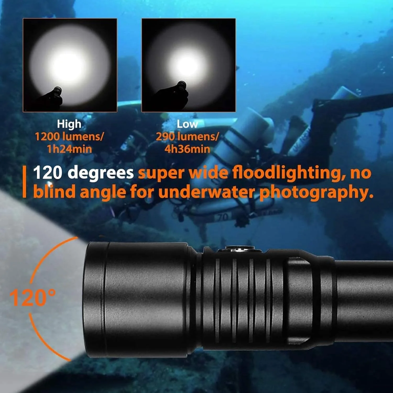 چراغ غواصی ORCATORCH D530V با نور 1200 لومن، زاویه فوق العاده باز 120 درجه، دارای 2 حالت نوردهی با مفصل توپی ZJ18، ضد آب IP68 (تا عمق 150 متر) مناسب برای عکاسی و فیلمبرداری غواصی