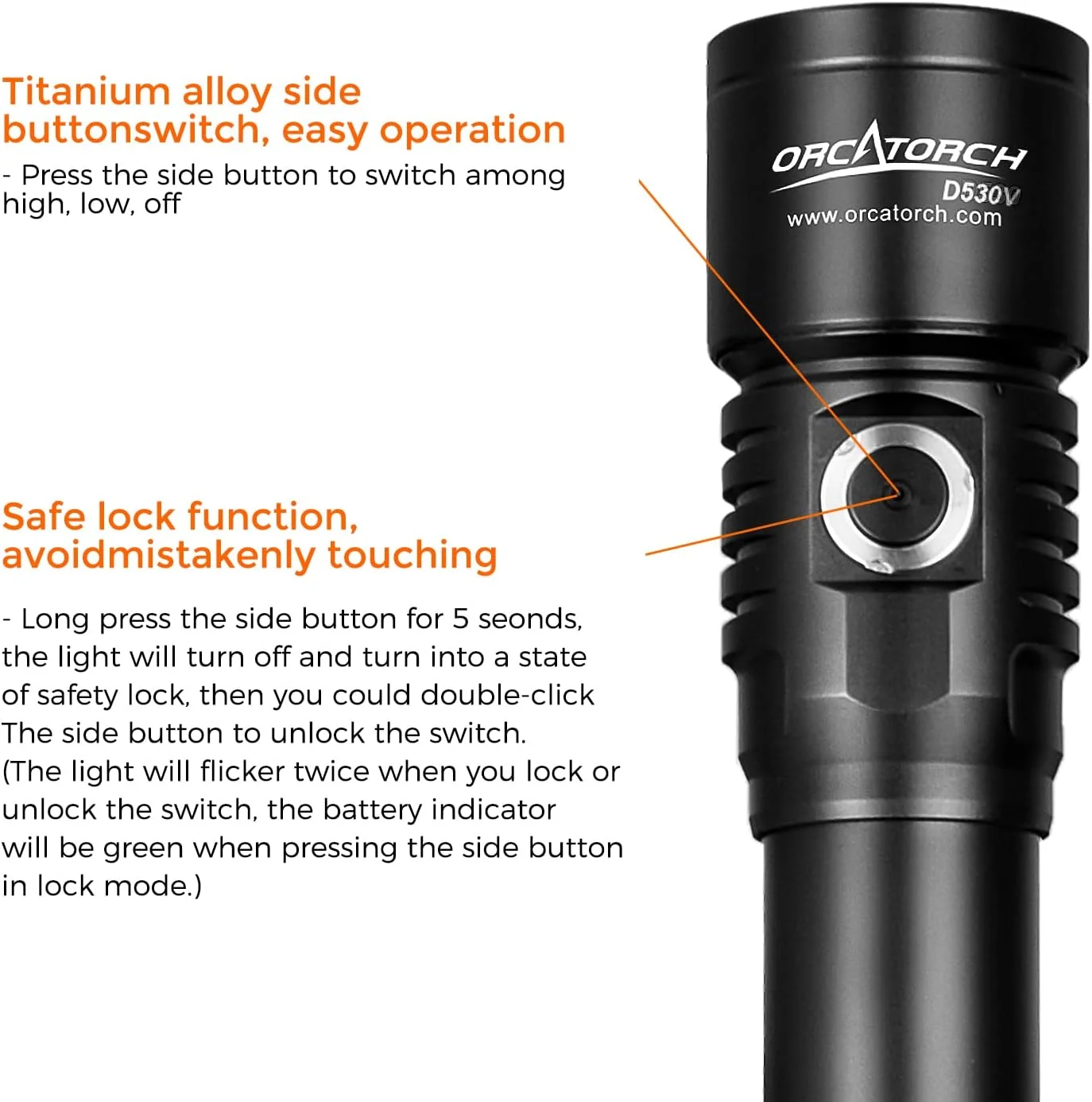 چراغ غواصی و فیلمبرداری ORCATORCH D530V با نور 1000 لومن و زاویه تابش گسترده 120 درجه، ضد آب تا عمق 150 متر، دارای قفل ایمنی و نشانگر میزان باتری (نور سفید گرم 5500K)