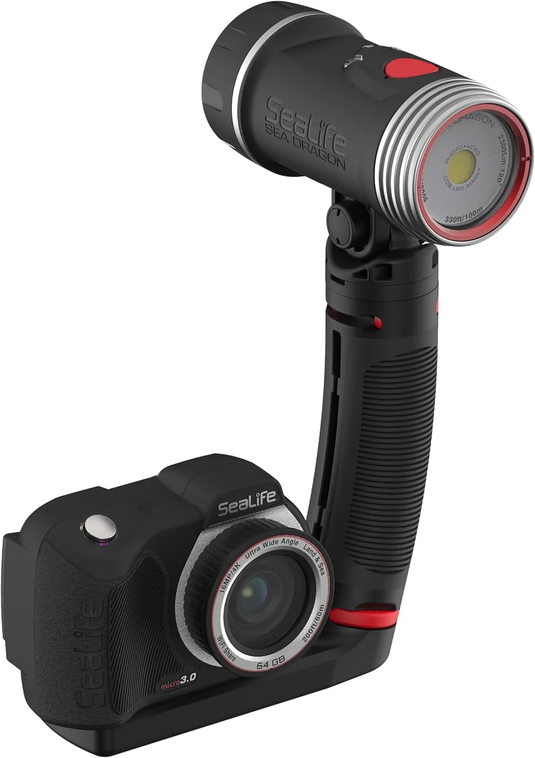 چراغ عکس و فیلمبرداری زیر آب SeaLife Sea Dragon 2300F، نور روشن و رنگارنگ برای فیلم و عکس، برای غواصی و شنا با دوربین های کامپکت و اکشن (همراه با دستگیره و سینی Flex-Connect)