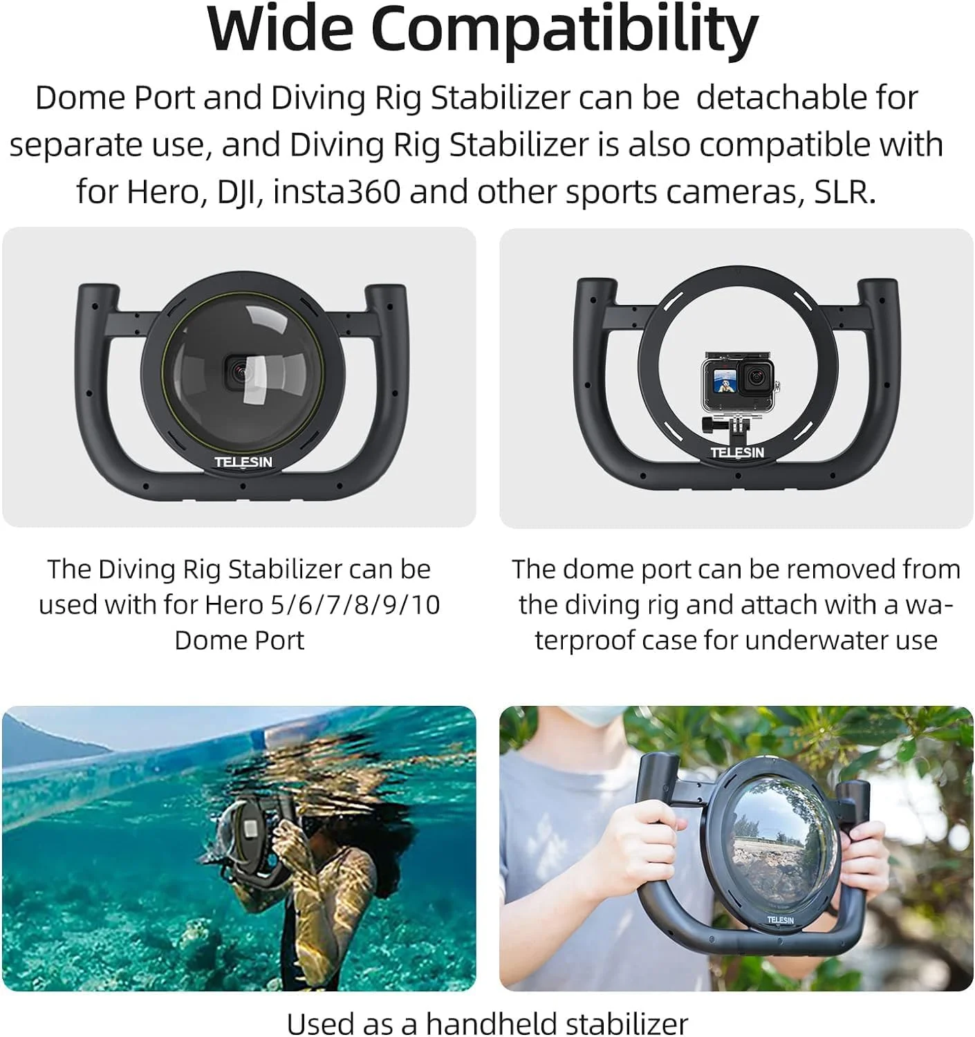 پورت دومی Telesin با کیت تثبیت کننده غواصی برای GoPro Hero 12 Hero 11 Hero 10 Hero 9 Black، محفظه ضد آب زیر آب، سینی دکل غواصی، درج ضد مه برای لوازم جانبی Go Pro 12 11 10 9