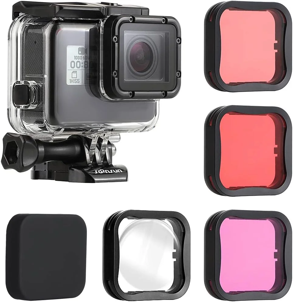 محفظه ضد آب SOONSUN با 4 فیلتر غواصی برای GoPro Hero 7 6 5 Black و Hero (2018) - فیلترهای قرمز، قرمز روشن، سرخابی، ماکرو 5X برای فیلمبرداری و عکاسی در زیر آب