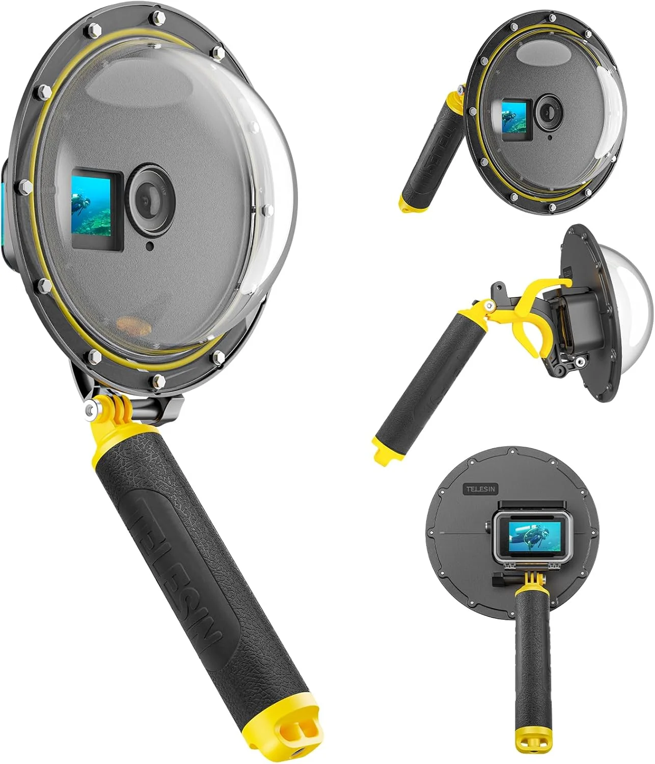 پورت گنبدی ضد آب TELESIN برای دوربین های DJI Action 6 5 Pro Action 4 3، محفظه زیر آب با دسته شناور، بند مچی، لوازم جانبی غواصی و اسنورکلینگ
