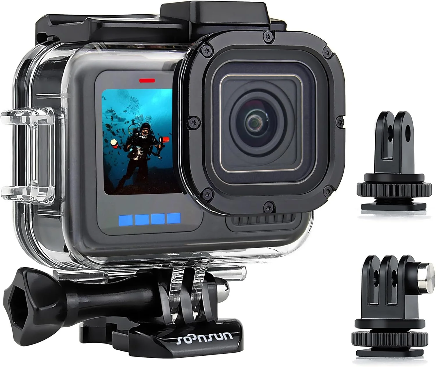 محفظه ضد آب SOONSUN برای GoPro Hero 13 12 11 10 9 Black، محفظه محافظ غواصی زیر آب 60 متری با لوازم جانبی، دارای دو پایه کفشک سرد داخلی برای اتصال نور ویدئو و میکروفون