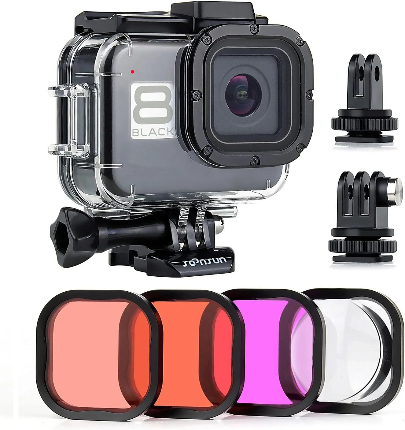 محفظه ضد آب SOONSUN برای GoPro Hero 8 Black به همراه بسته 4 عددی فیلتر غواصی - محفظه غواصی 60 متری زیر آب با دو درگاه کفشک سرد داخلی به همراه فیلترهای قرمز، قرمز روشن، سرخابی و ماکرو 5X
