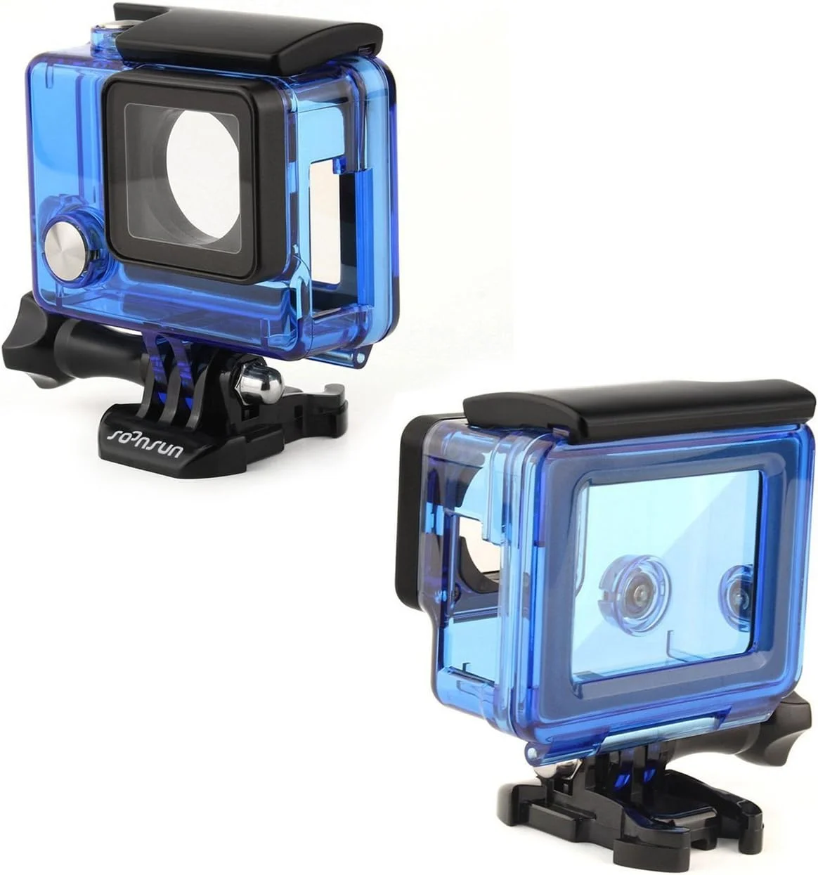 محفظه اسکلتی SOONSUN برای GoPro Hero 3/3+/4 - طراحی باز از کنار با درب پشتی لمسی LCD، امکان شارژ و استفاده از آداپتور میکروفون بدون برداشتن محفظه - آبی شفاف