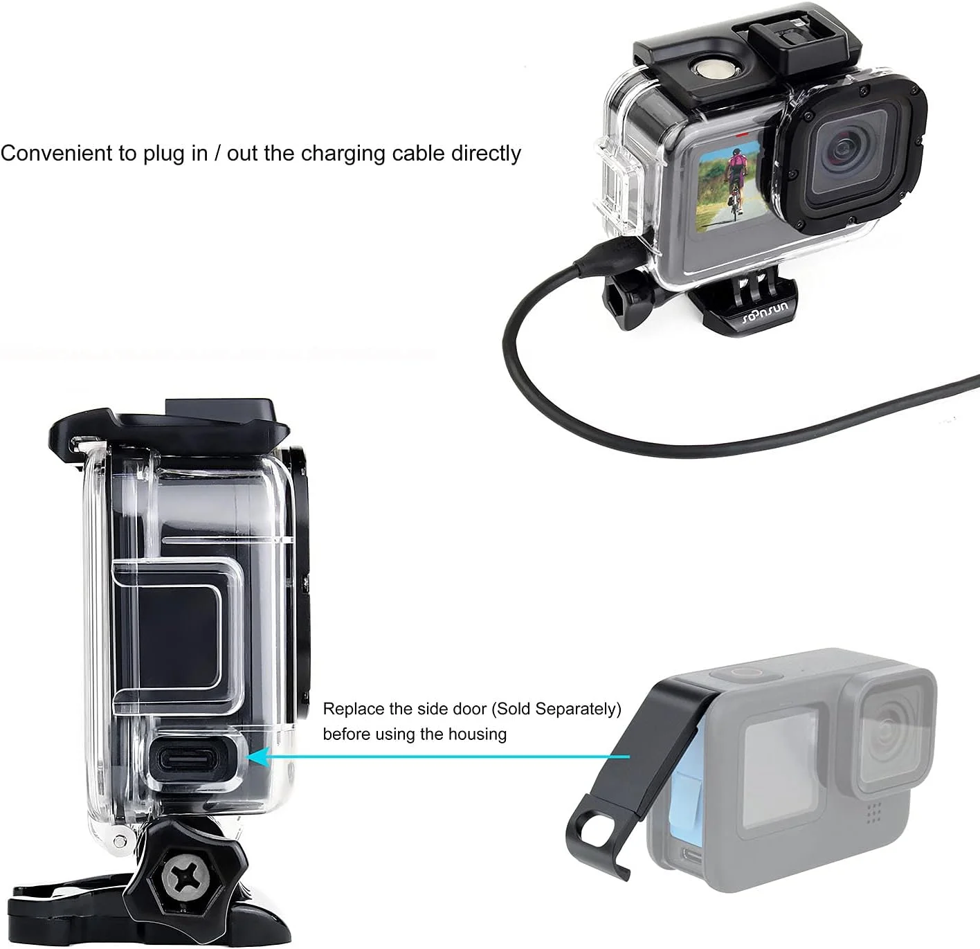 محفظه محافظ اسکلتی SOONSUN برای GoPro Hero 13/12 / 11/10 / 9 مشکی، محفظه جانبی باز با درب پشتی اسکلتی برای ضبط صدای بهبود یافته و دسترسی آسان به صفحه لمسی دوربین