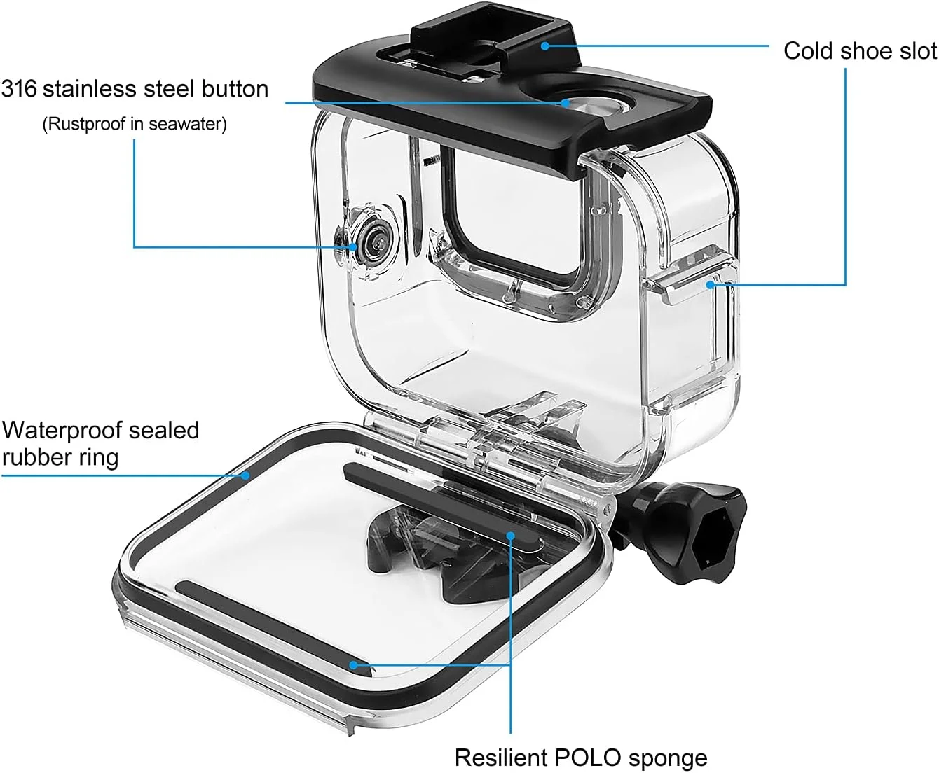 محفظه ضد آب SOONSUN برای GoPro Hero 13 12 11 10 9 Black، محفظه محافظ غواصی زیر آب 60 متری با لوازم جانبی، دارای دو پایه کفشک سرد داخلی برای اتصال نور ویدئو و میکروفون