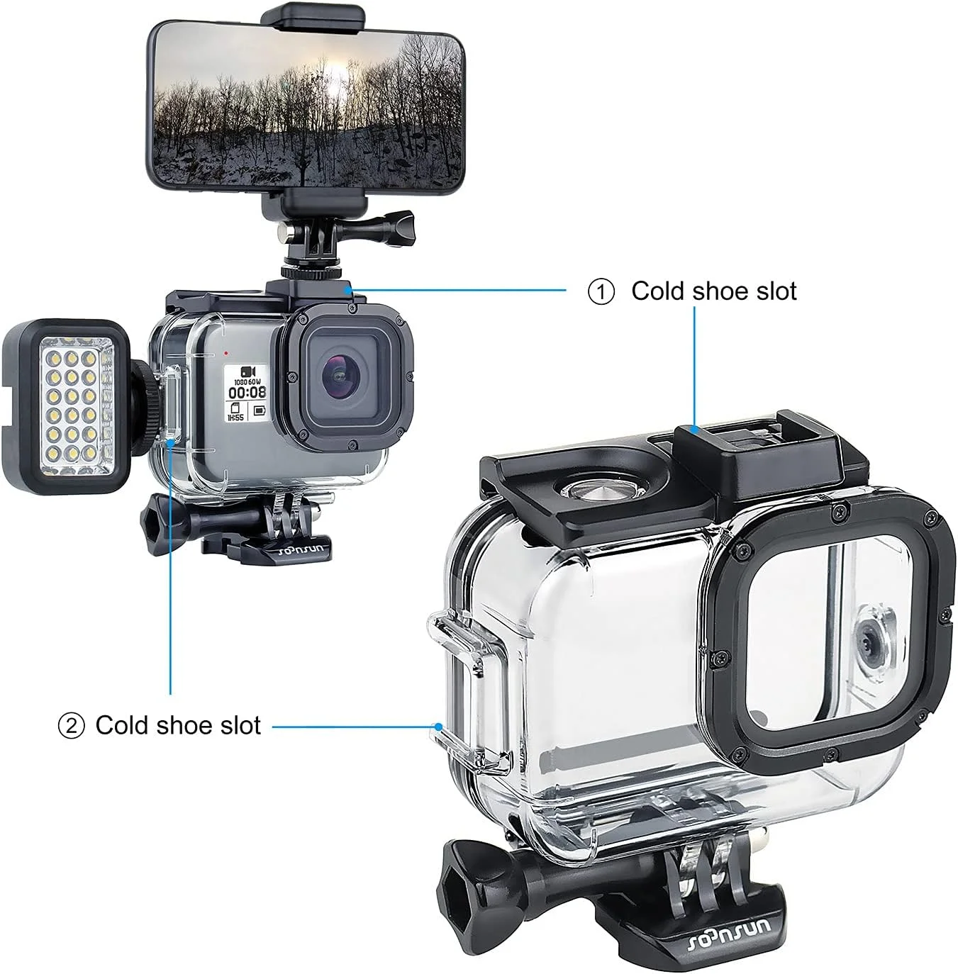 محفظه ضد آب SOONSUN برای GoPro Hero 8 Black به همراه بسته 4 عددی فیلتر غواصی - محفظه غواصی 60 متری زیر آب با دو درگاه کفشک سرد داخلی به همراه فیلترهای قرمز، قرمز روشن، سرخابی و ماکرو 5X