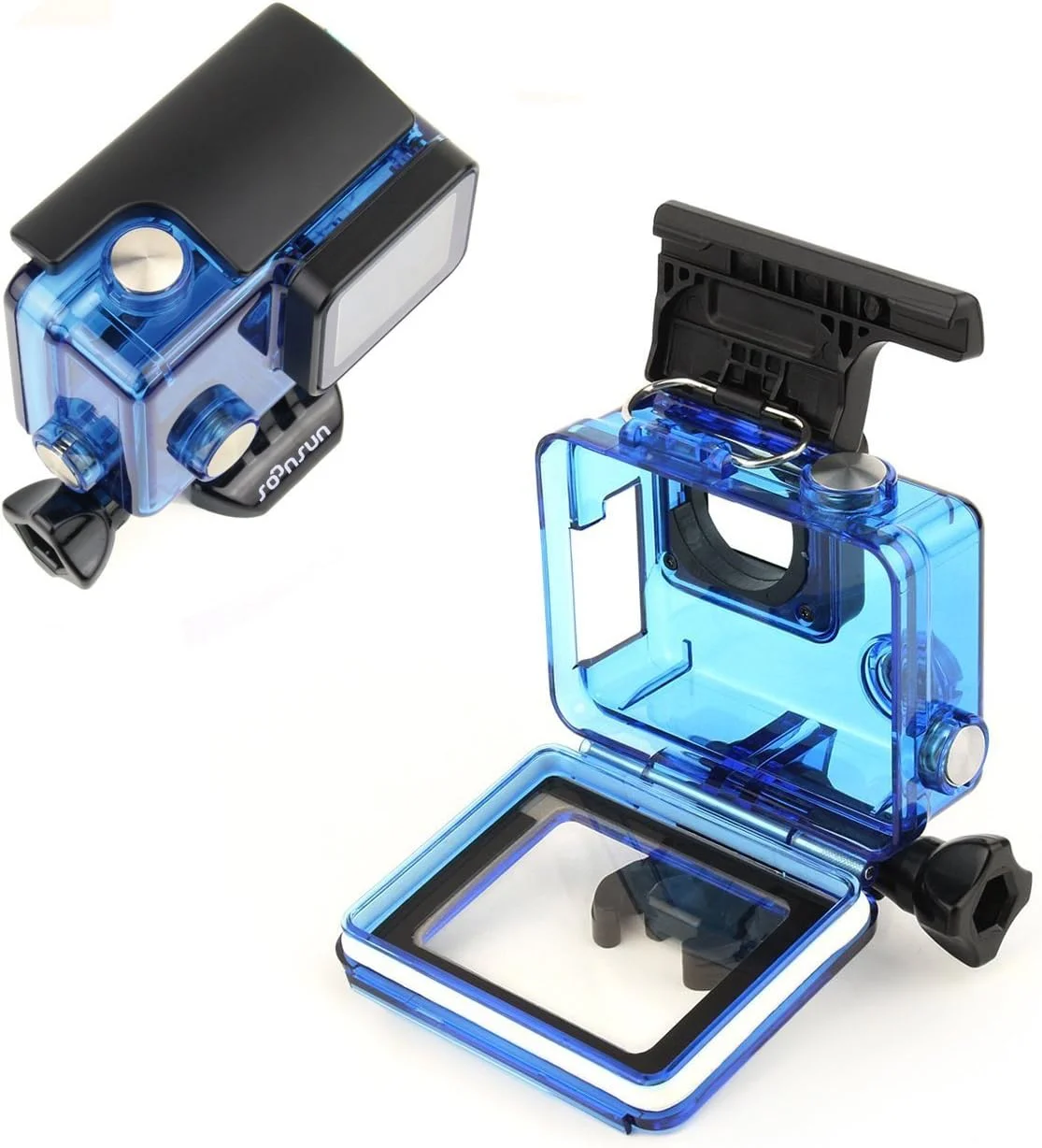 محفظه اسکلتی SOONSUN برای GoPro Hero 3/3+/4 - طراحی باز از کنار با درب پشتی لمسی LCD، امکان شارژ و استفاده از آداپتور میکروفون بدون برداشتن محفظه - آبی شفاف