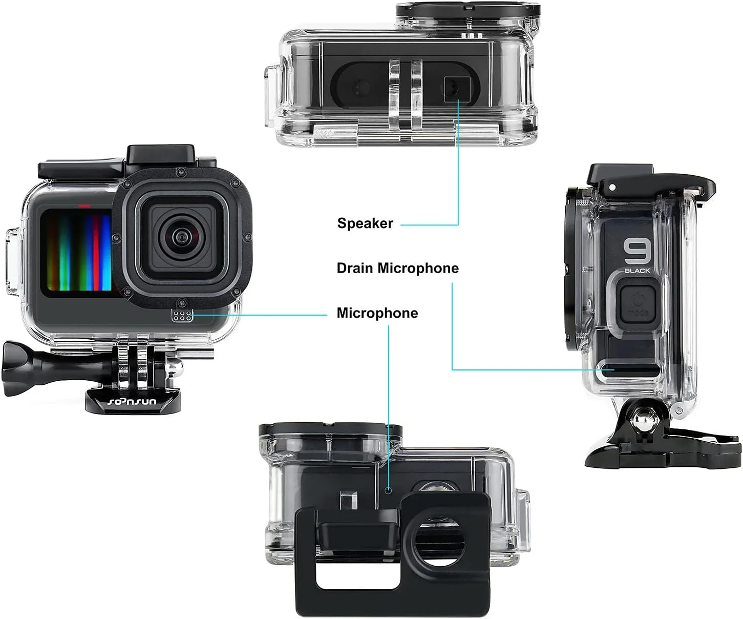 محفظه محافظ اسکلتی SOONSUN برای GoPro Hero 13/12 / 11/10 / 9 مشکی، محفظه جانبی باز با درب پشتی اسکلتی برای ضبط صدای بهبود یافته و دسترسی آسان به صفحه لمسی دوربین