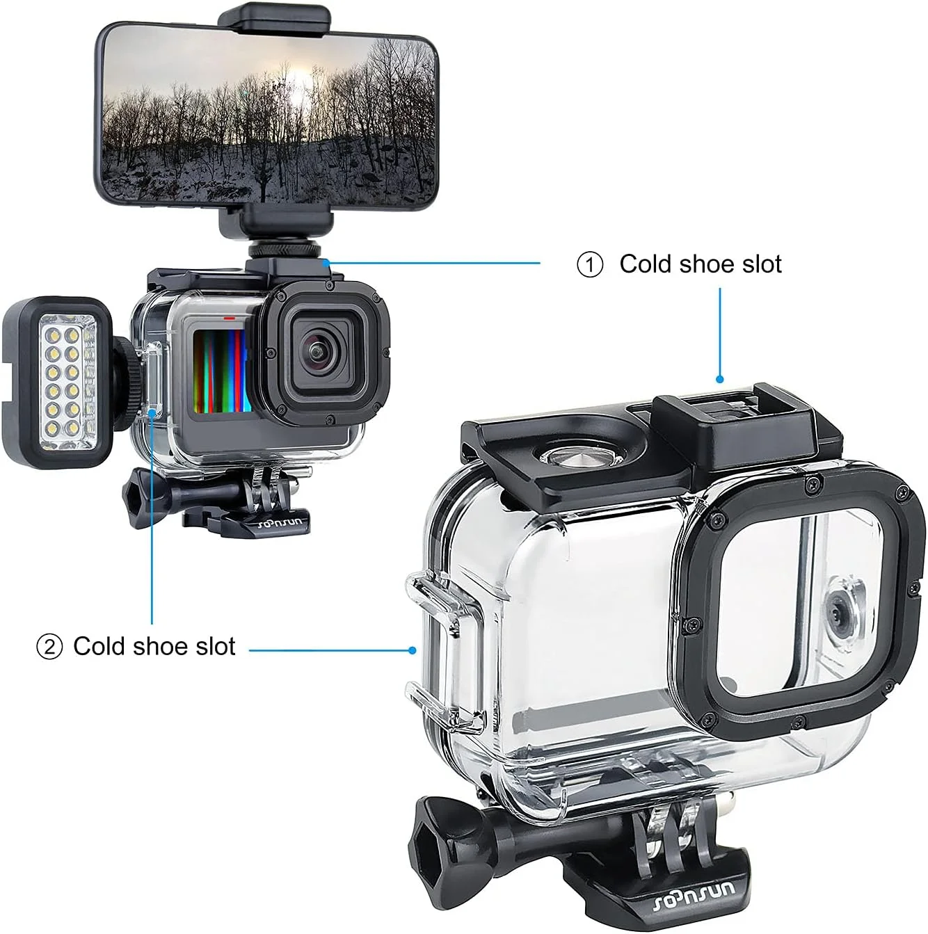 محفظه ضد آب SOONSUN برای GoPro Hero 13 12 11 10 9 Black، محفظه محافظ غواصی زیر آب 60 متری با لوازم جانبی، دارای دو پایه کفشک سرد داخلی برای اتصال نور ویدئو و میکروفون