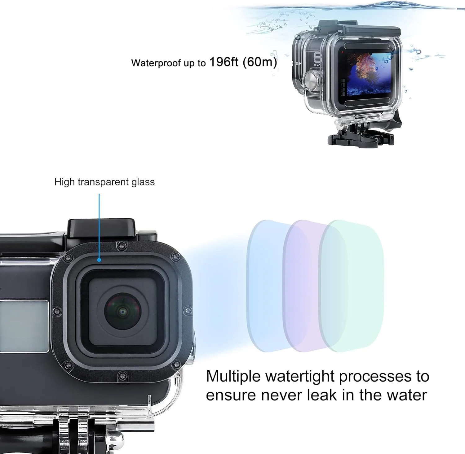 محفظه ضد آب SOONSUN برای GoPro Hero 8 Black به همراه بسته 4 عددی فیلتر غواصی - محفظه غواصی 60 متری زیر آب با دو درگاه کفشک سرد داخلی به همراه فیلترهای قرمز، قرمز روشن، سرخابی و ماکرو 5X