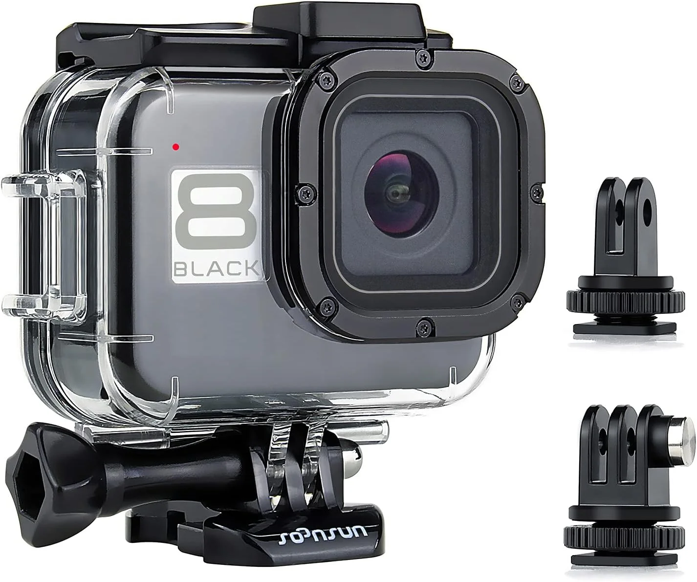 محفظه ضد آب SOONSUN برای GoPro Hero 8 Black، محفظه غواصی زیر آب تا عمق 60 متر با دو پایه کفشک سرد داخلی برای اتصال نور ویدئو و میکروفون