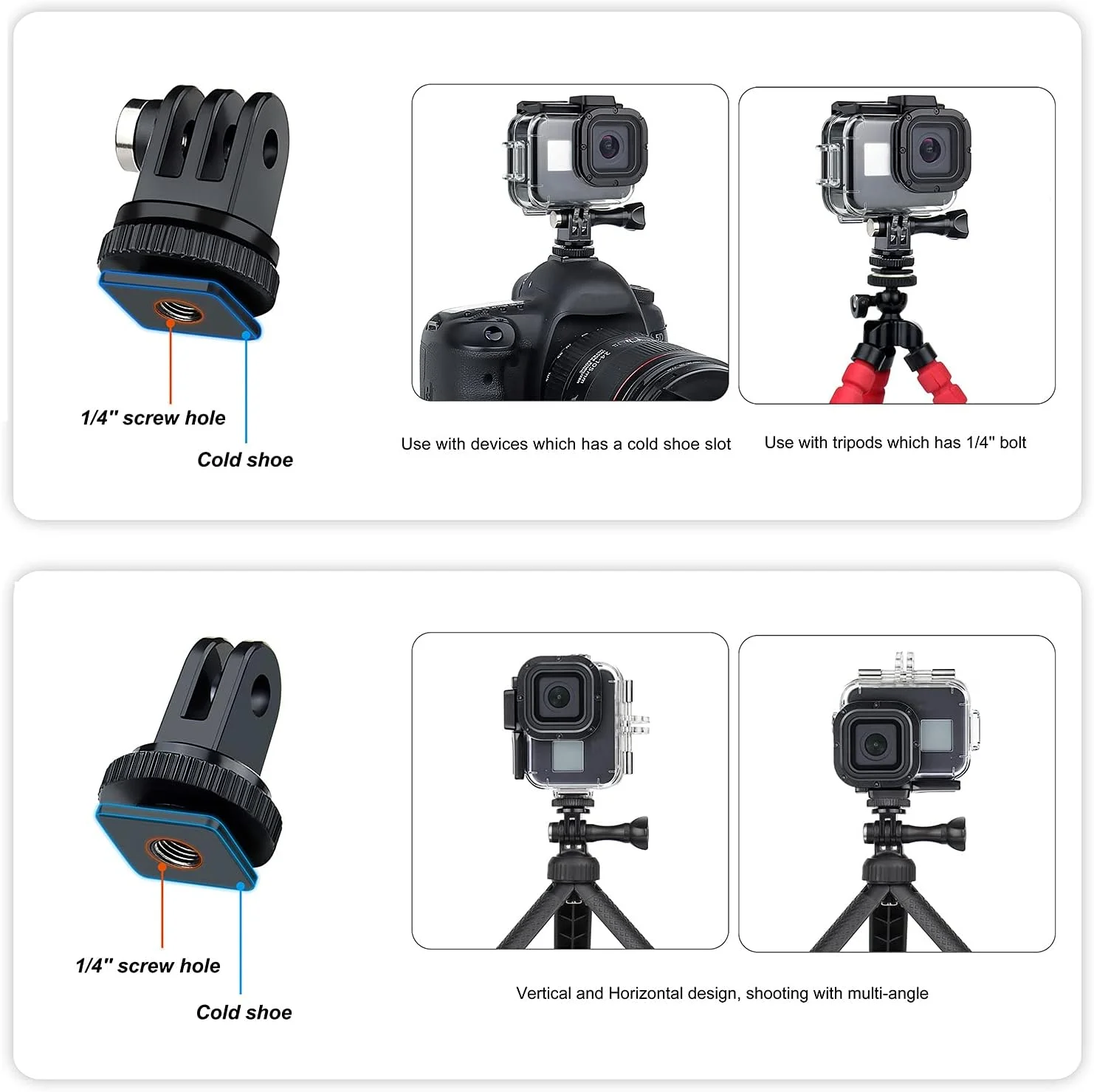 محفظه ضد آب SOONSUN برای GoPro Hero 8 Black، محفظه غواصی زیر آب تا عمق 60 متر با دو پایه کفشک سرد داخلی برای اتصال نور ویدئو و میکروفون