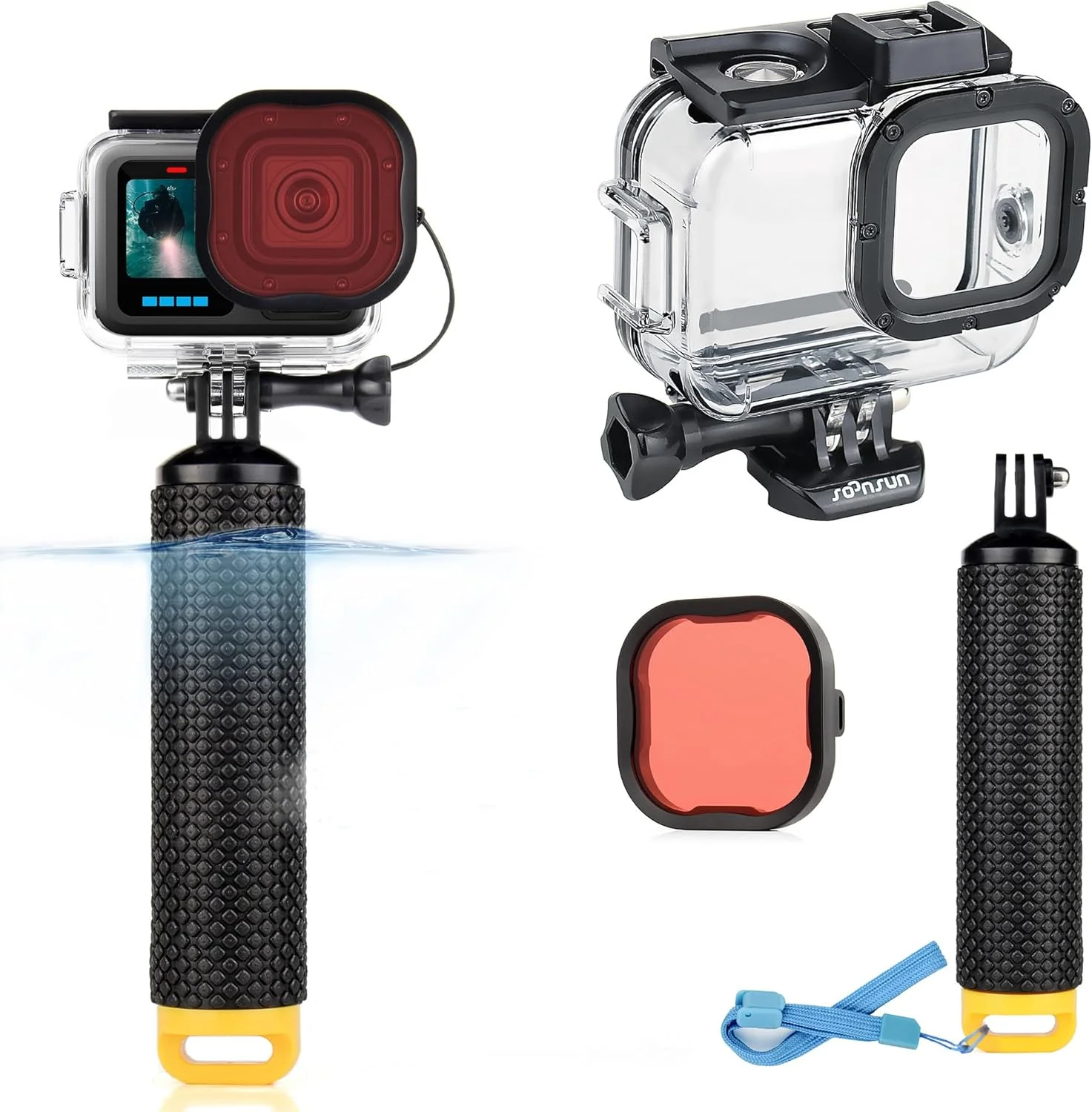 کیس ضد آب SOONSUN با دسته شناور برای GoPro Hero 13/12/11/10/9 Black، محفظه زیرآبی 60 متری با فیلتر قرمز، مانت کفشک سرد یکپارچه برای نور و میکروفون